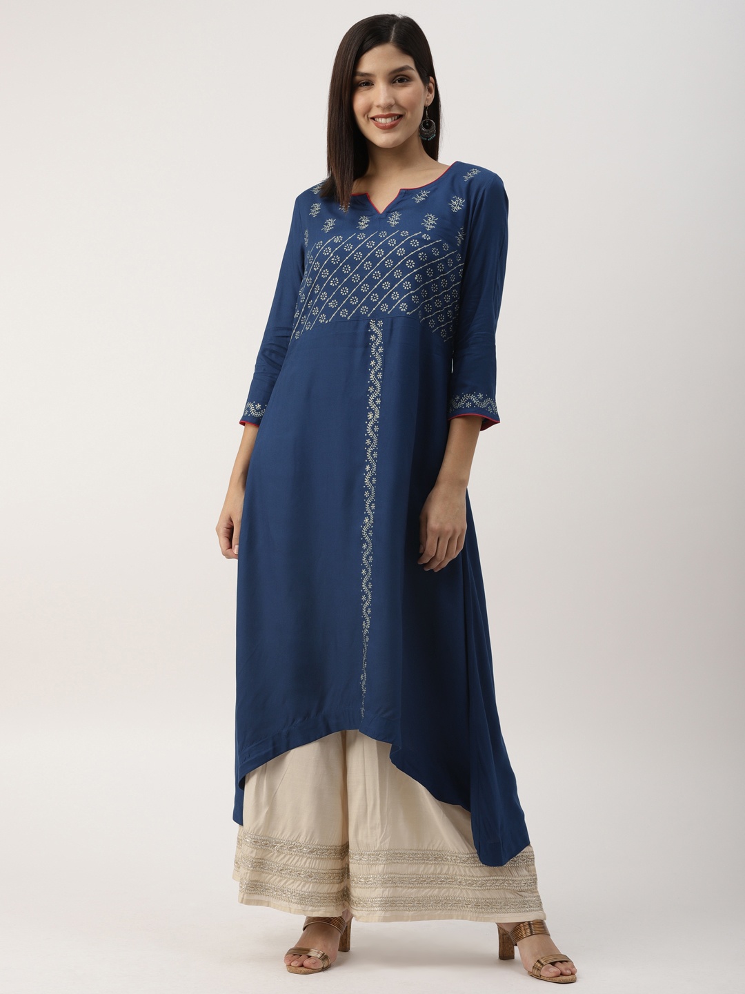 

IMARA Women Blue Printed A-Line High-Low Kurta