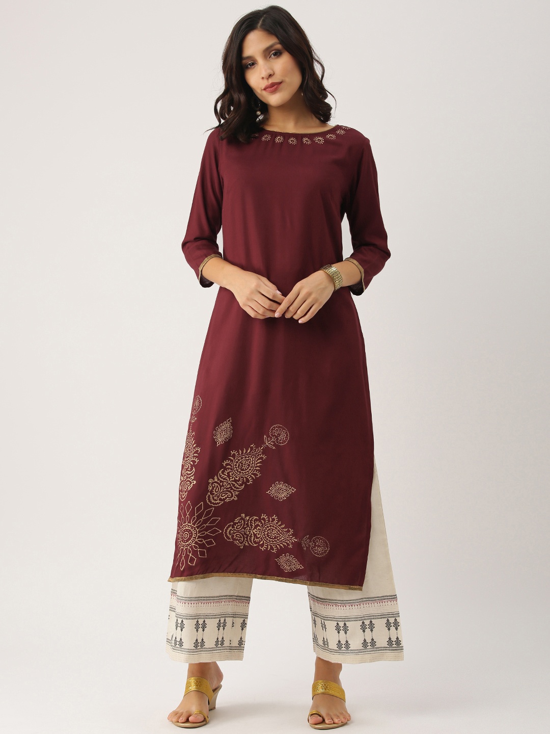 

IMARA Women Maroon Printed Straight Kurta