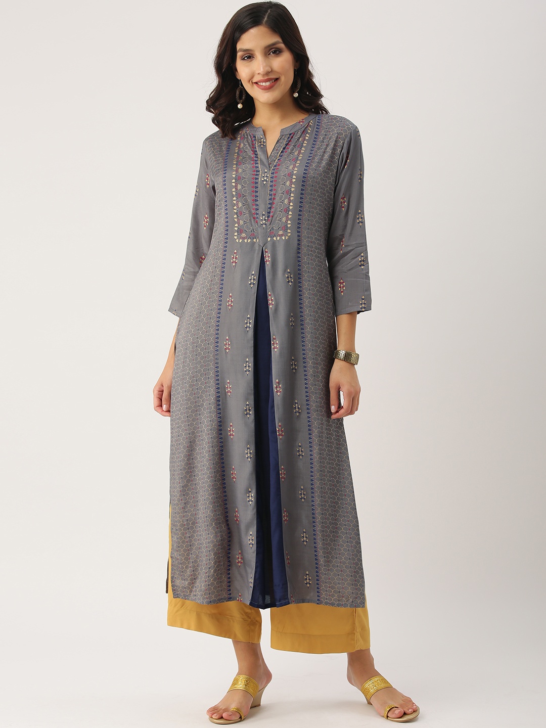 

IMARA Women Grey & Navy Blue Printed Straight Kurta