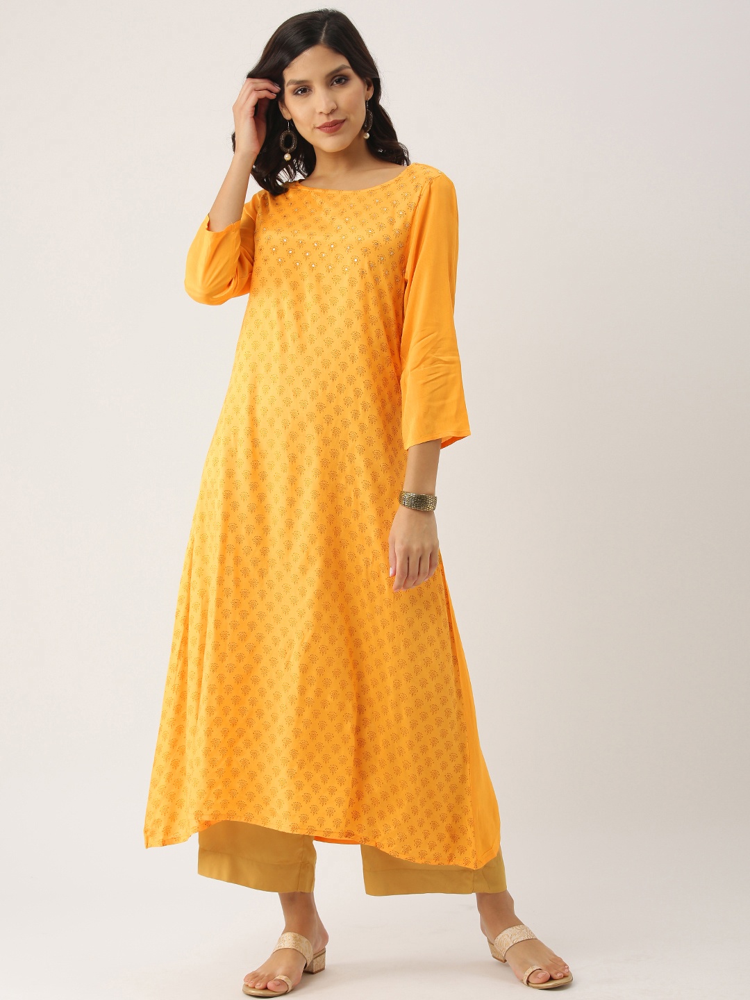 

IMARA Women Yellow & Brown Printed Asymmetric A-Line Kurta