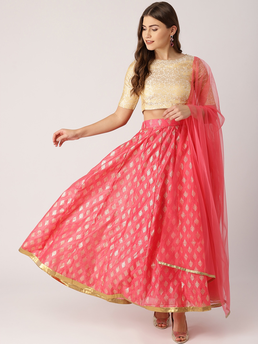 

IMARA Peach-Coloured & Golden Printed Ready to Wear Lehenga & Choli with Dupatta