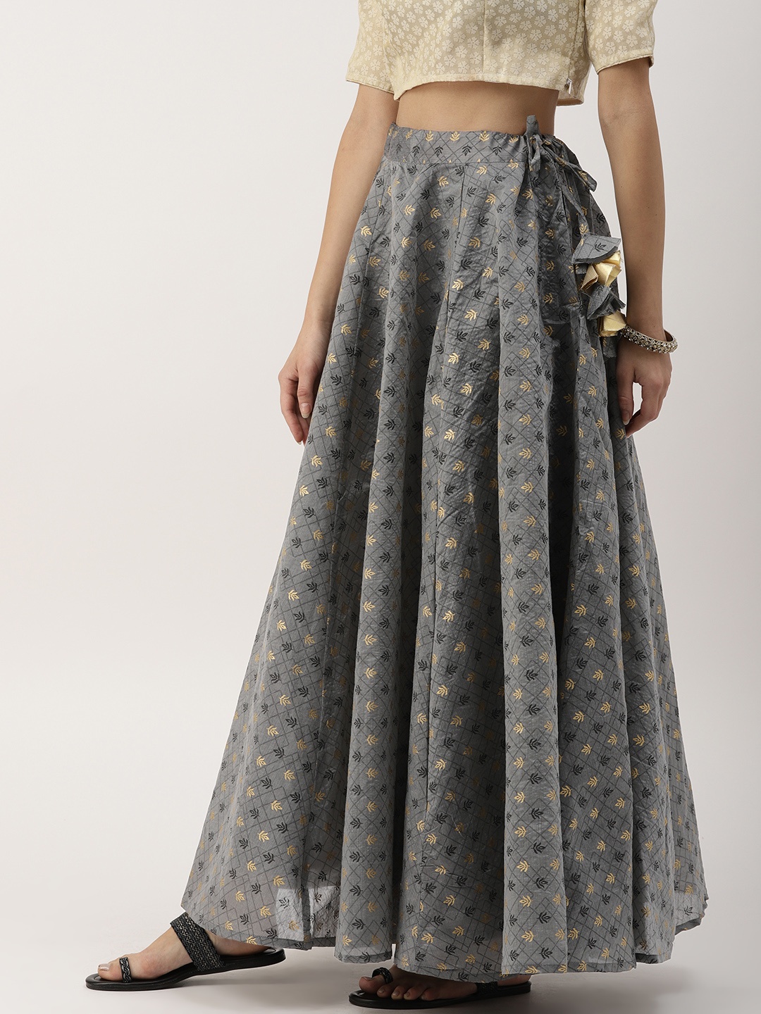 

IMARA Women Grey & Gold-Coloured Printed Flared Maxi Skirt