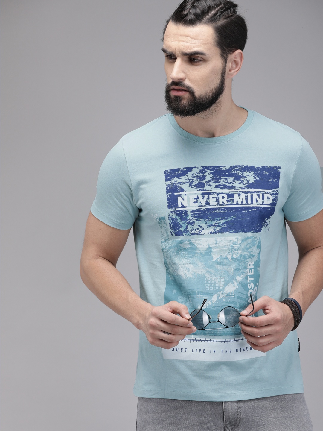 

The Roadster Lifestyle Co Men Blue Printed Round Neck Pure Cotton T-shirt