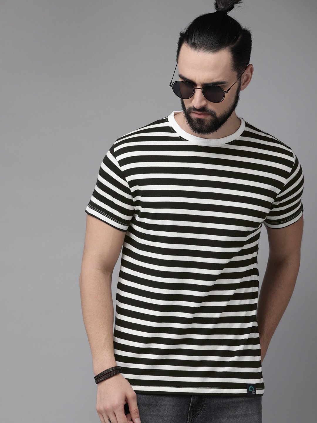 

The Roadster Lifestyle Co Men Black White Striped Round Neck Organic Cotton Greenturn Organic Cotton T-shirt