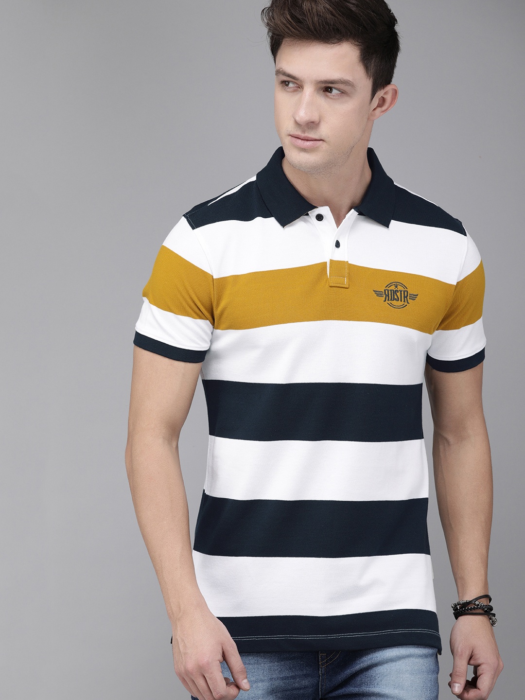 

Roadster Men Navy Blue White Striped Polo Collar Pure Cotton T-shirt