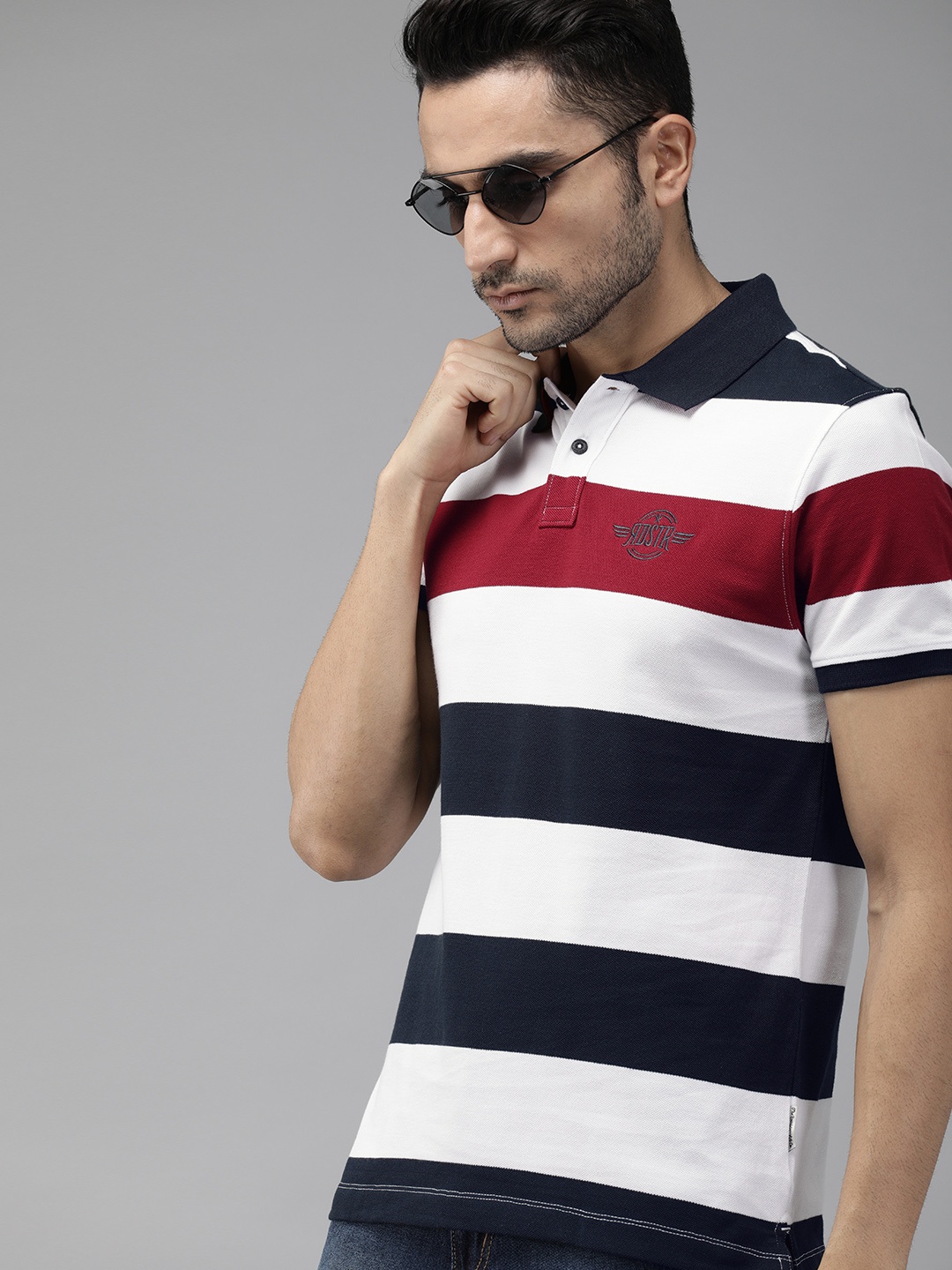 

The Roadster Lifestyle Co Men White & Navy Blue Striped Polo Collar T-shirt