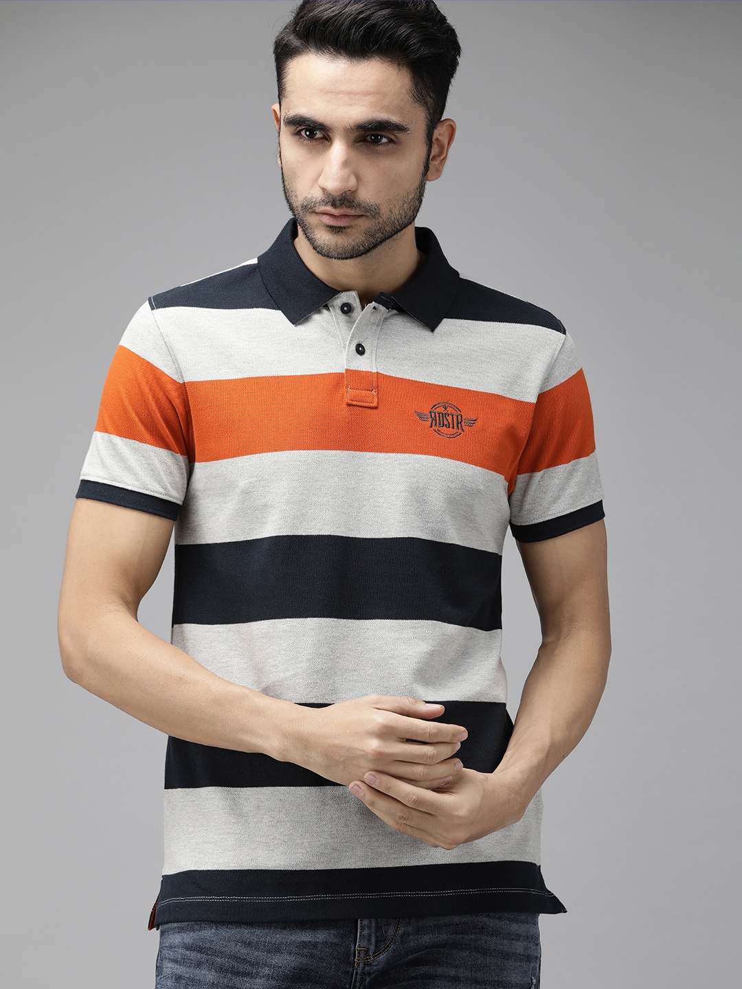 

The Roadster Lifestyle Co Men Grey & Navy Blue Engineered Striped Polo Collar T-shirt