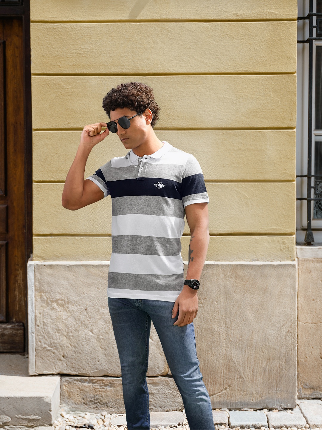 

Roadster Men Grey White Striped Polo Collar Pure Cotton T-shirt