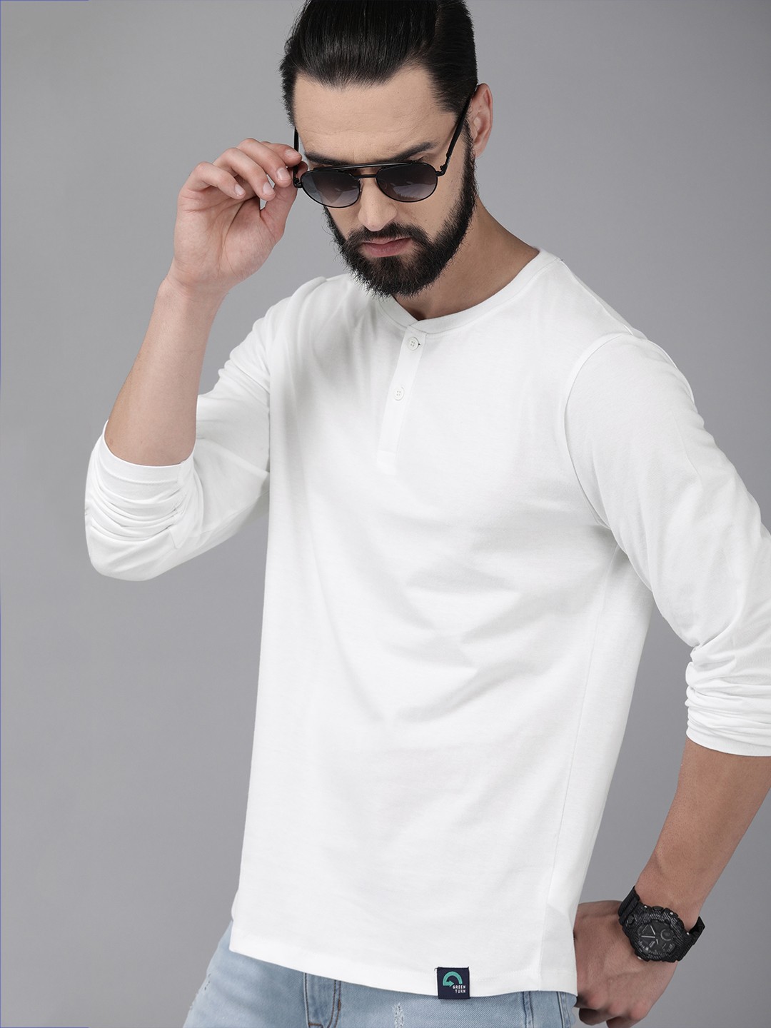 

The Roadster Lifestyle Co Men White Solid Henley Neck Sustainable Greenturn Organic Cotton T-shirt