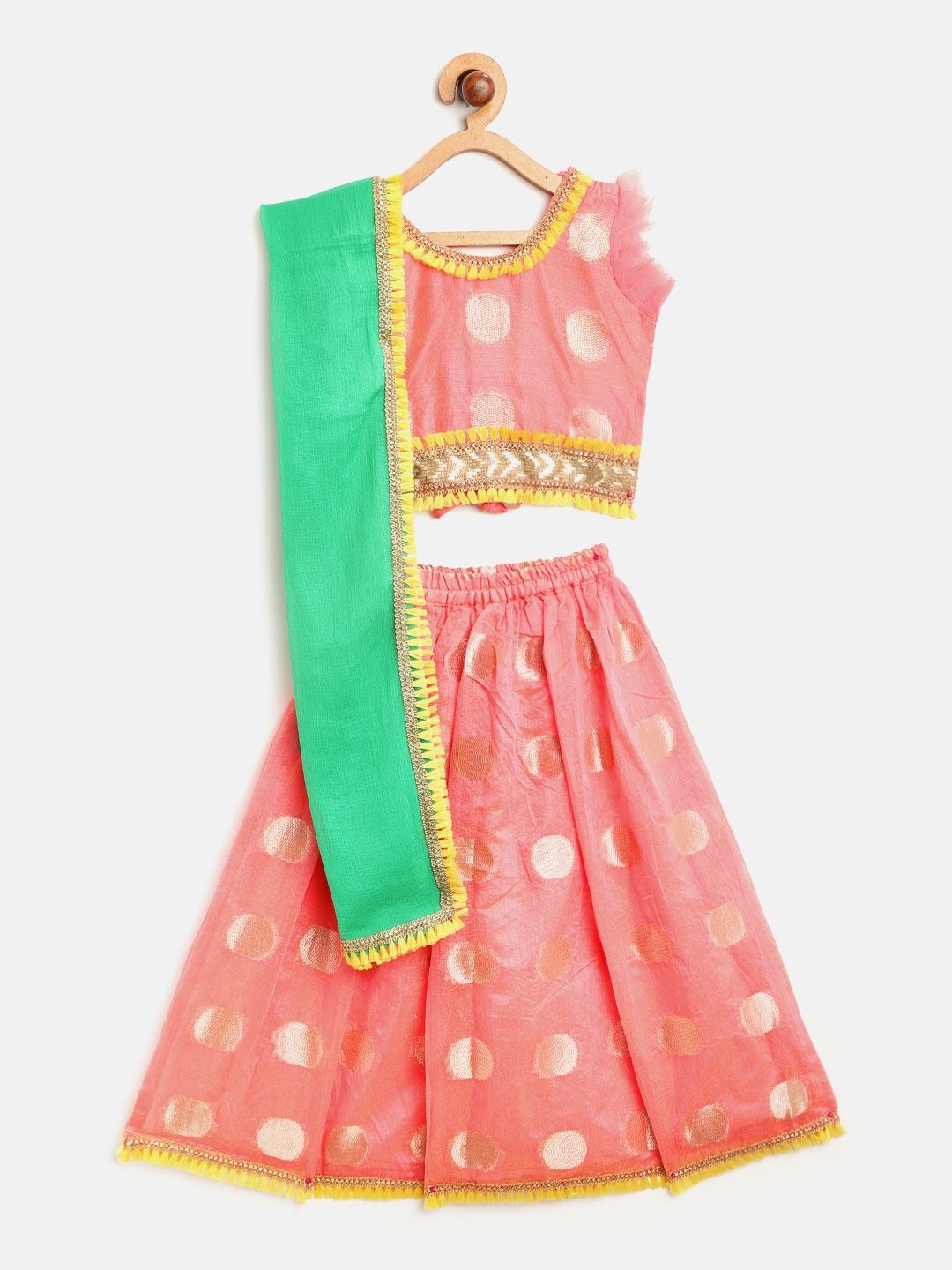 

BownBee Girls Peach-Coloured & Golden Ready to Wear Lehenga & Blouse with Dupatta