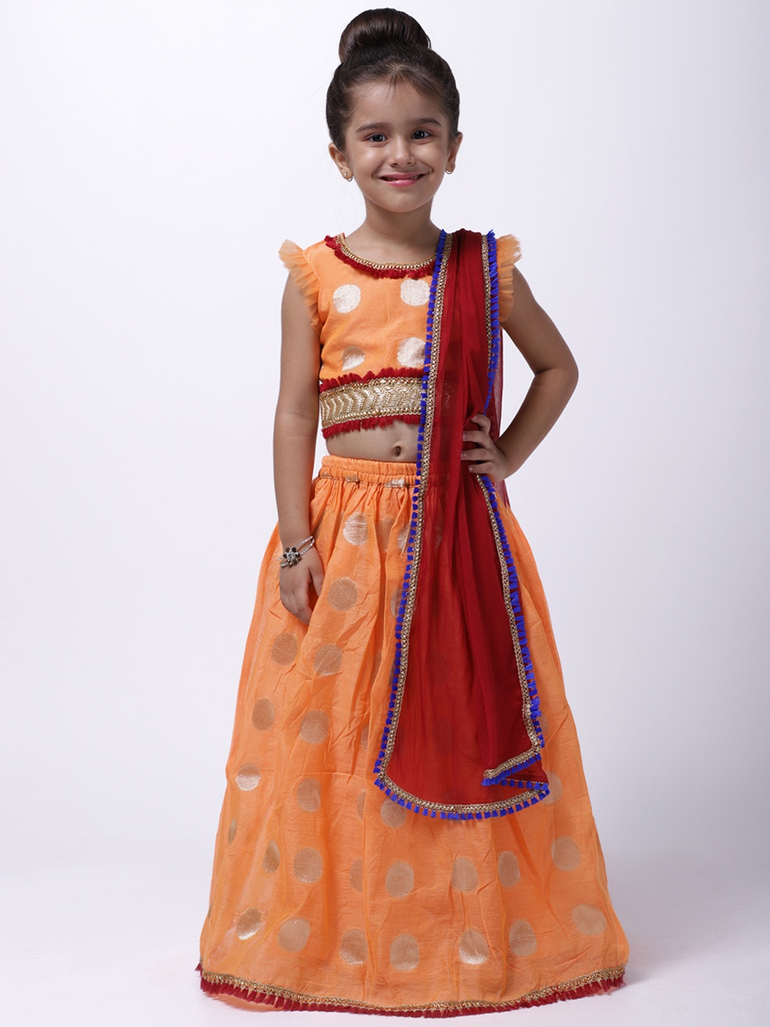 

BownBee Girls Orange & Red Printed Ready to Wear Lehenga & Blouse with Dupatta