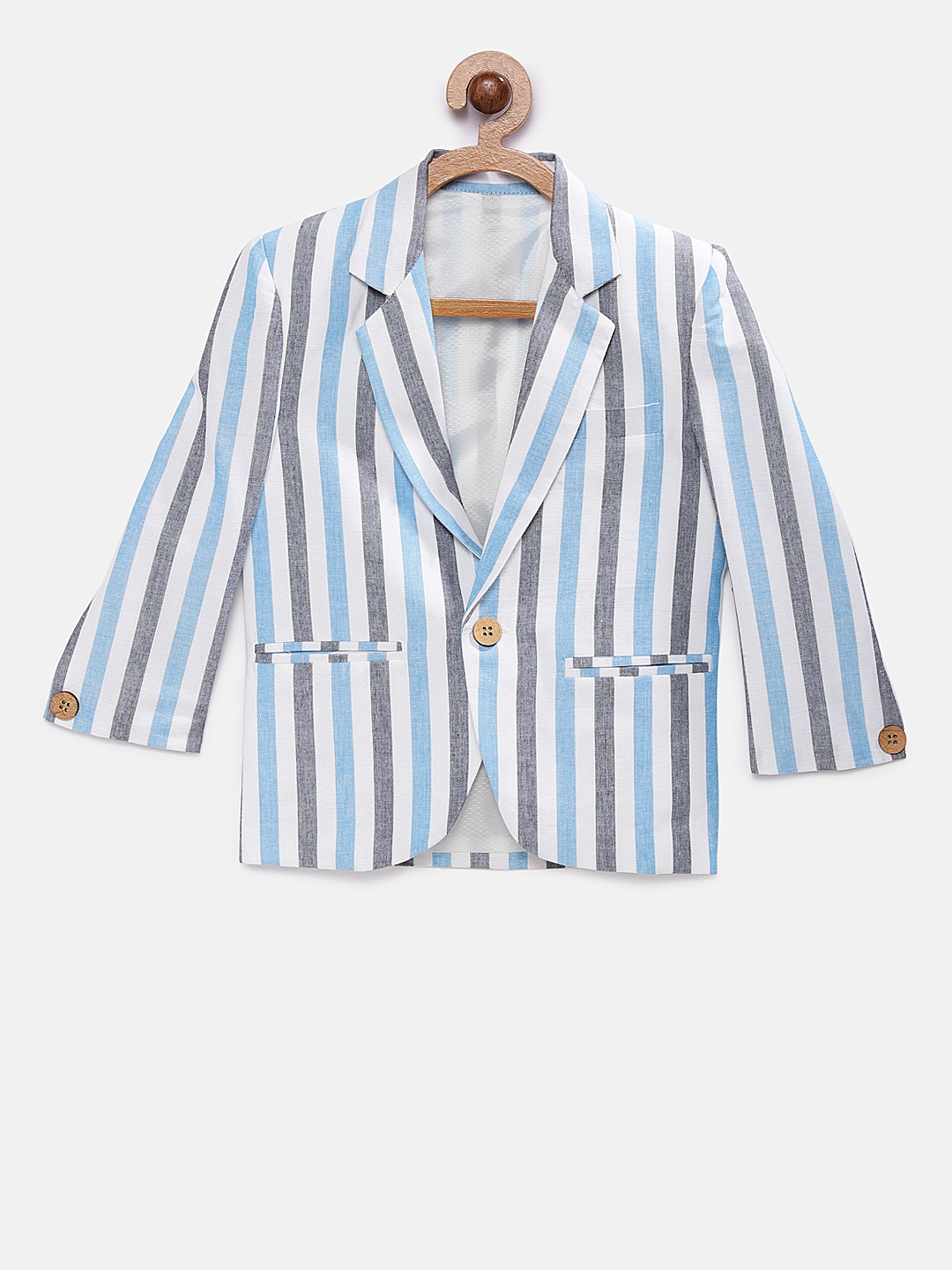 

RIKIDOOS Boys Blue & White Striped Regular Fit Single Breasted Casual Blazer