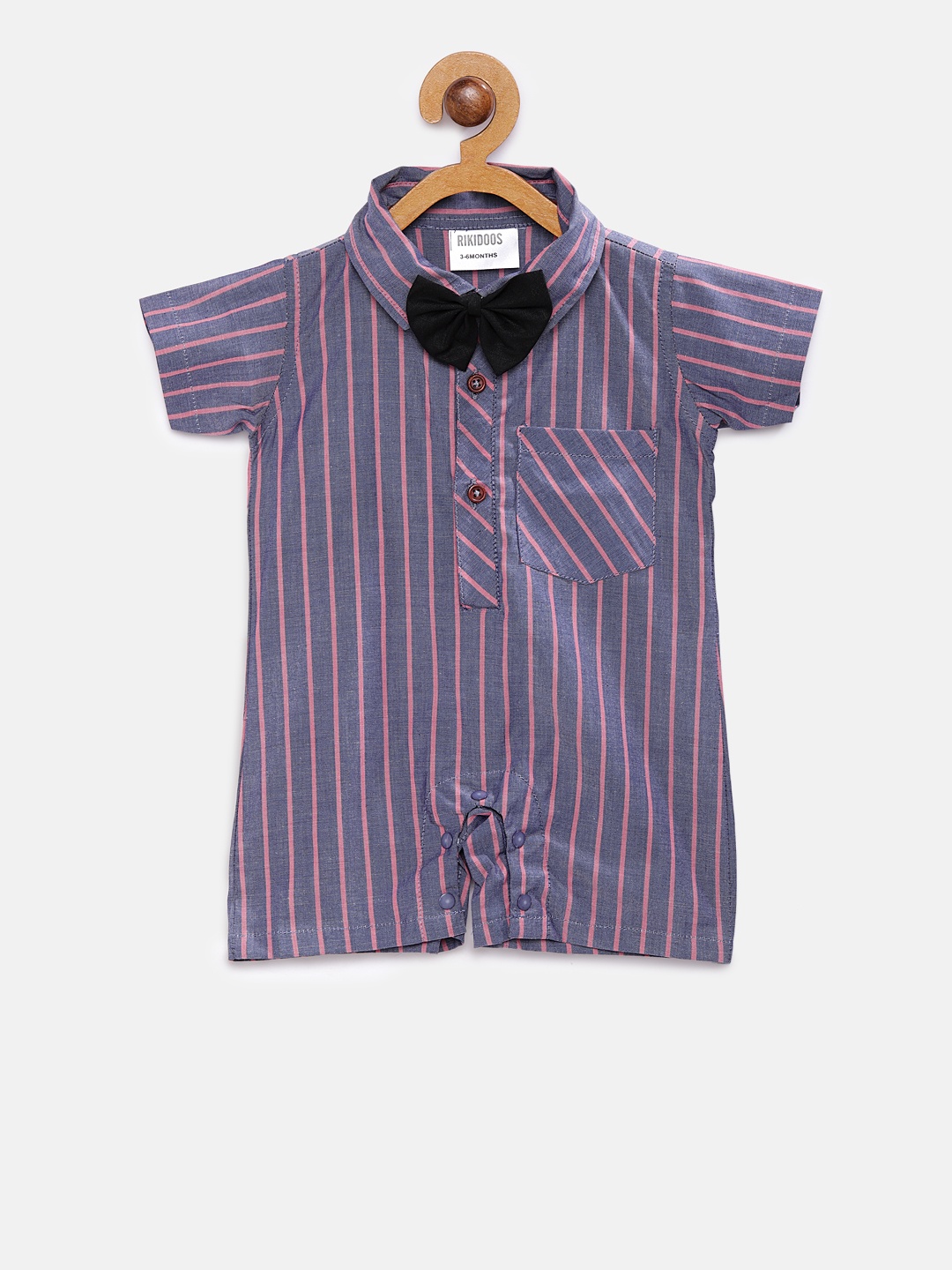 

RIKIDOOS Kids Pink & Grey Striped Rompers With Bow
