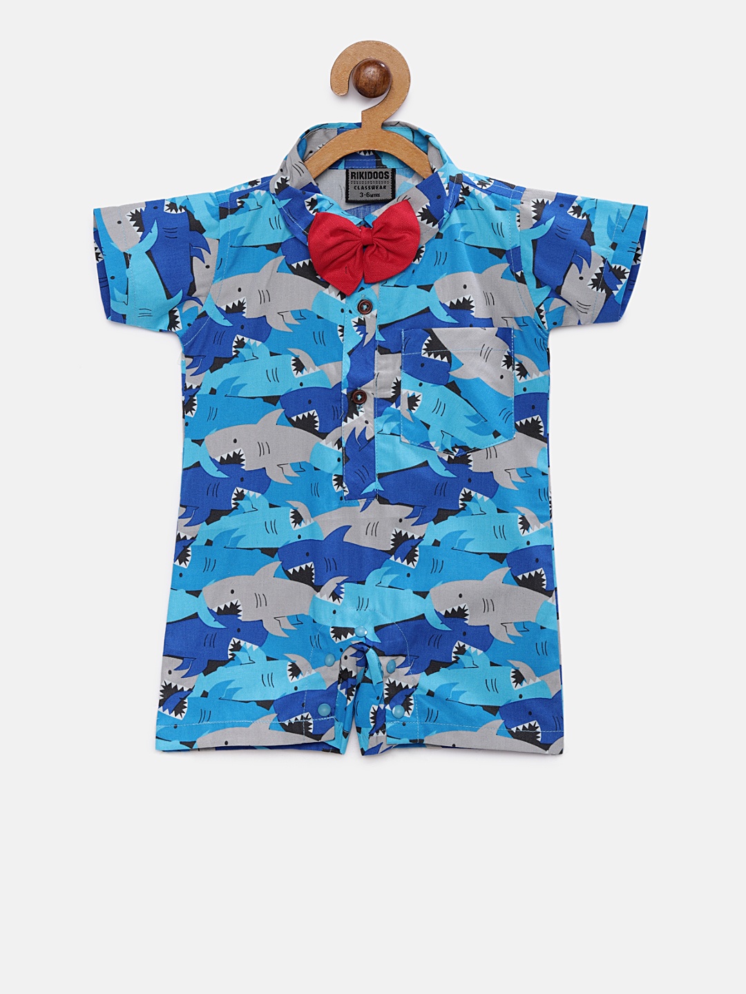 

RIKIDOOS Kids Blue & Grey Printed Rompers With Bow