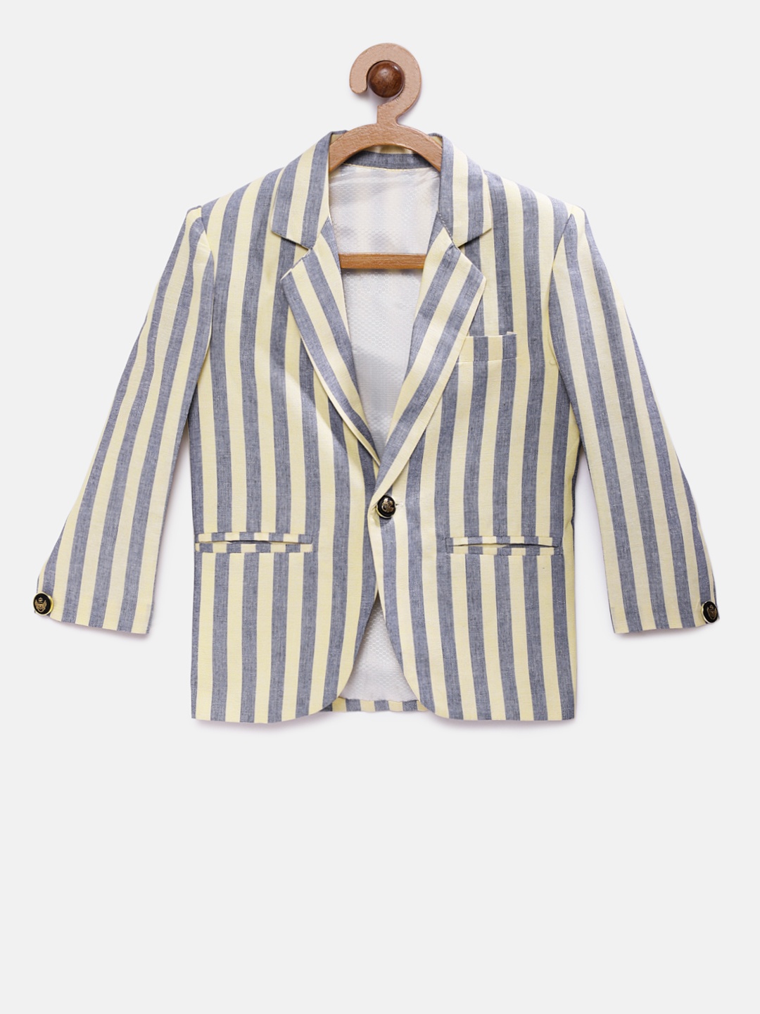 

RIKIDOOS Boys Blue & Yellow Striped Regular Fit Single Breasted Casual Blazer