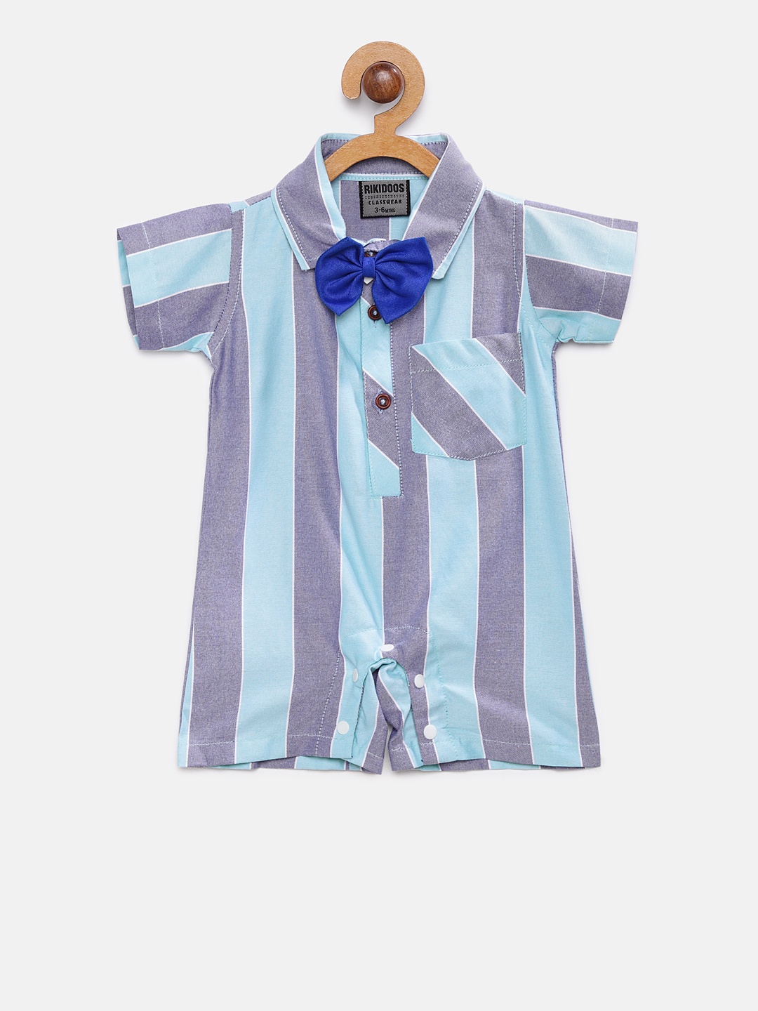 

RIKIDOOS Kids Blue & Grey Striped Rompers With Bow