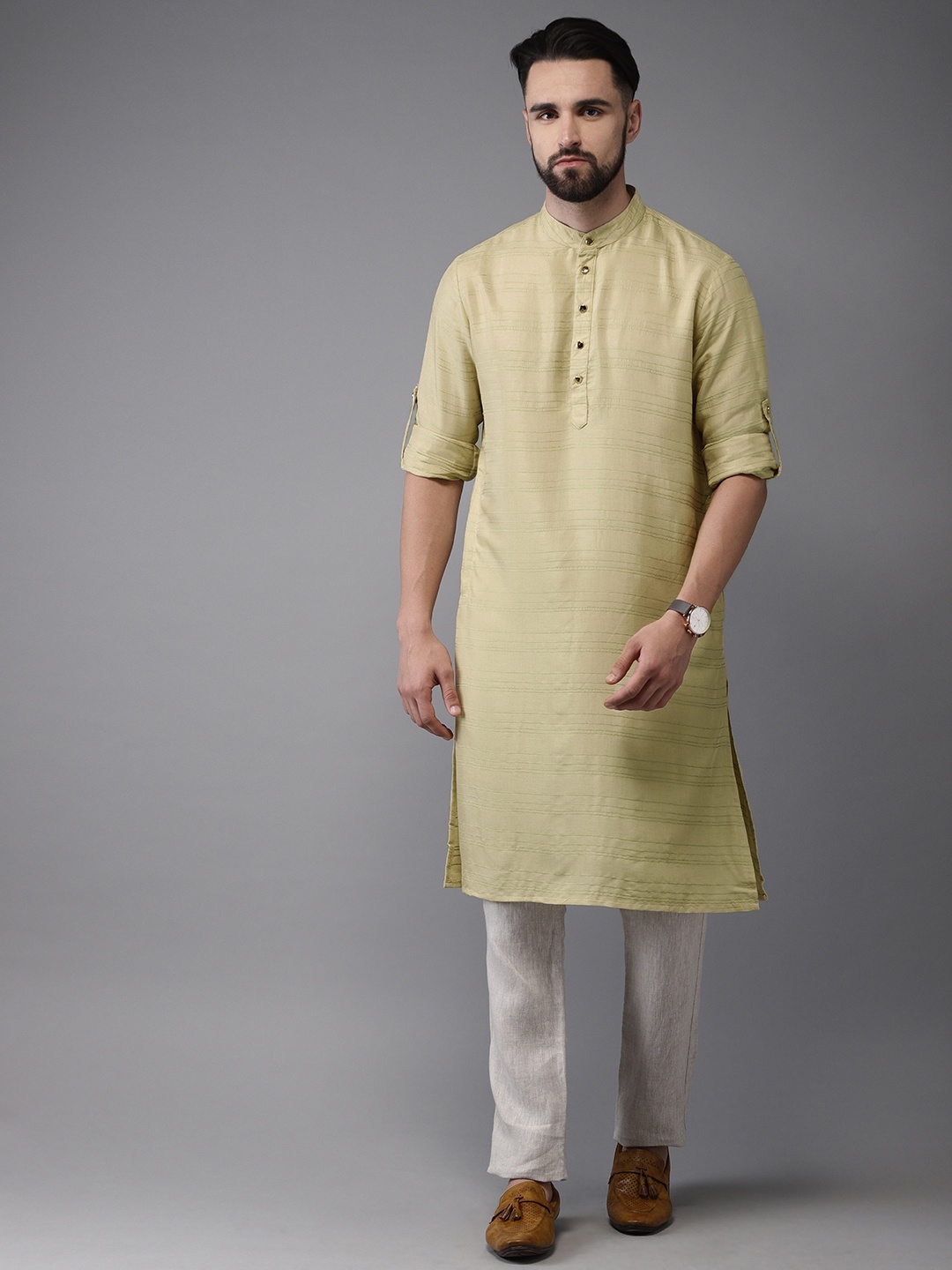 

Anouk Men Lime Green Striped Straight Kurta