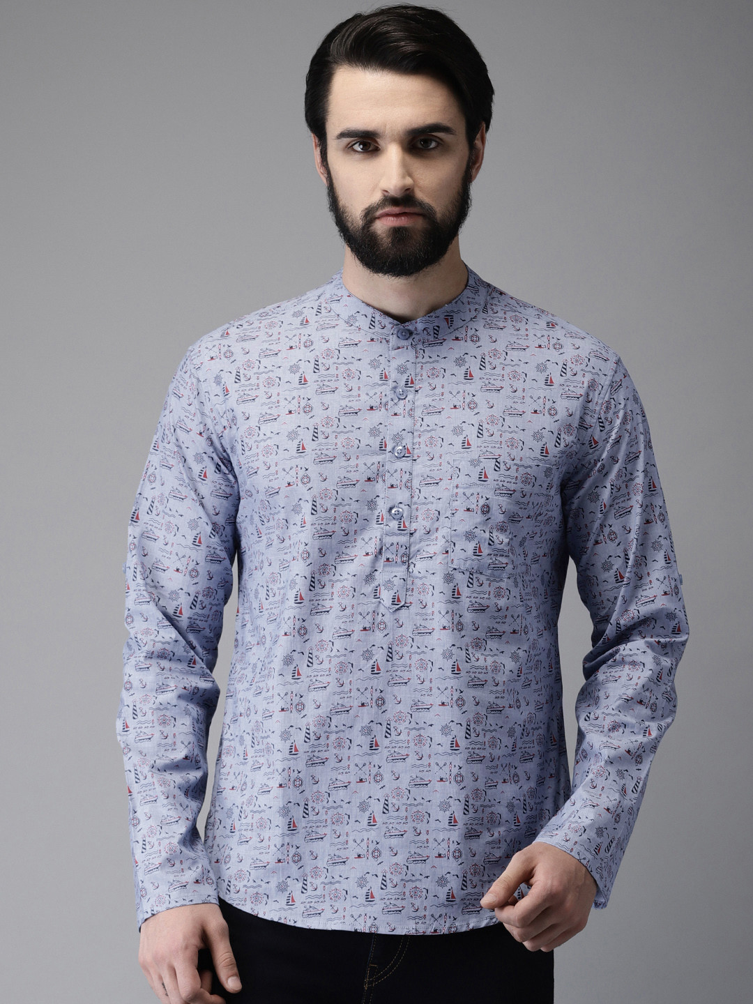 

Anouk Men Blue & Red Quirky Print Straight Short Kurta