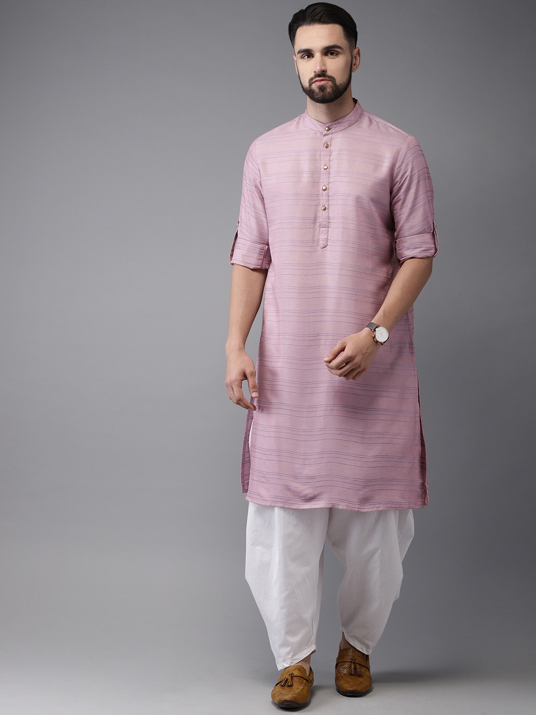 

Anouk Men Pink & Green Striped Straight Kurta