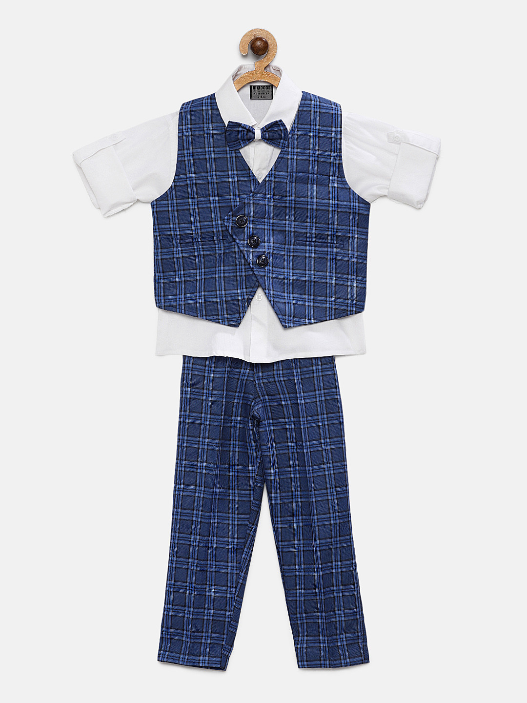 

RIKIDOOS Boys White & Blue Pure Cotton Shirt & Trousers with Waistcoat & Bow Tie
