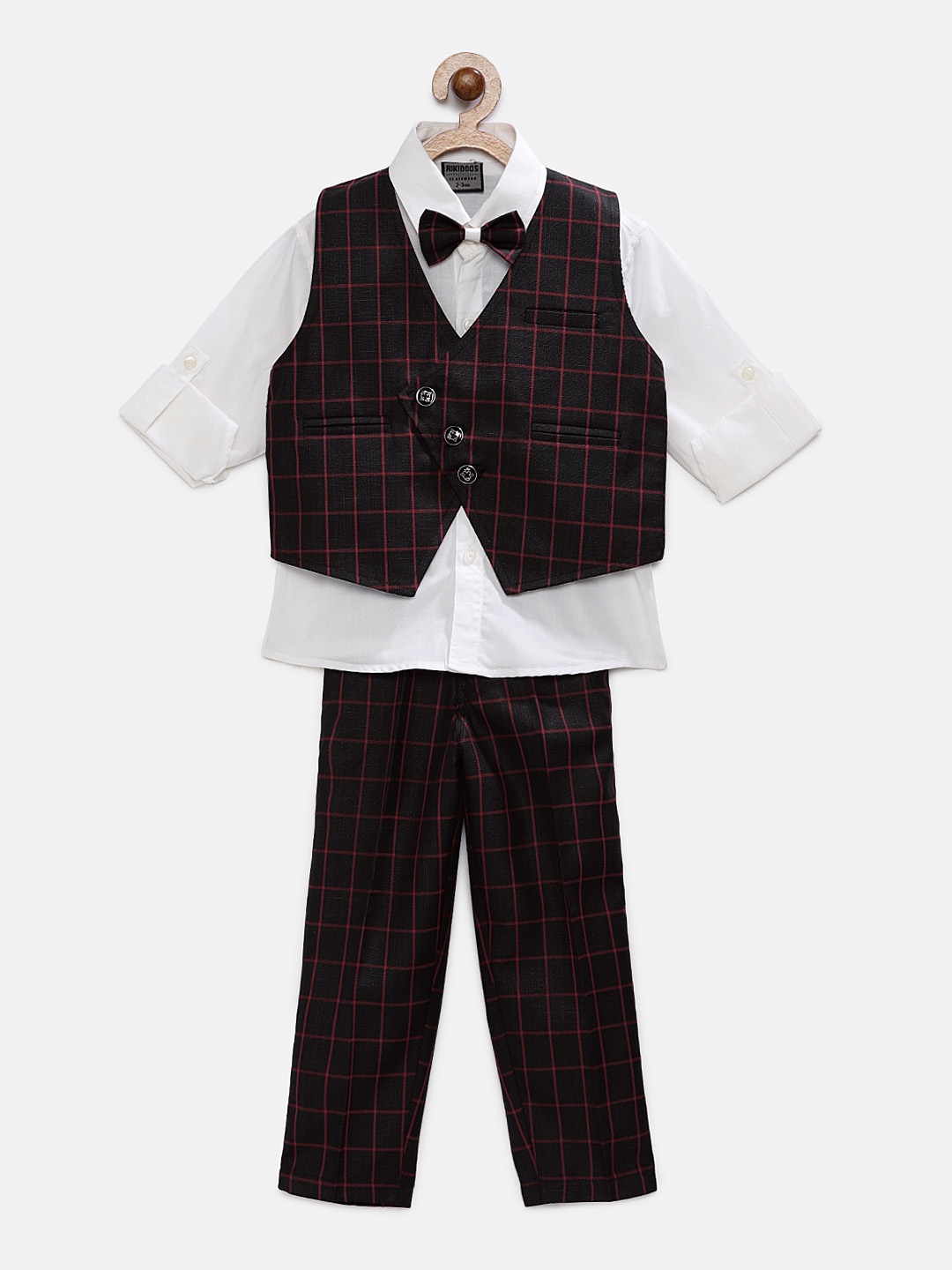 

RIKIDOOS Boys White & Black Pure Cotton Shirt & Trousers with Waistcoat & Bow Tie