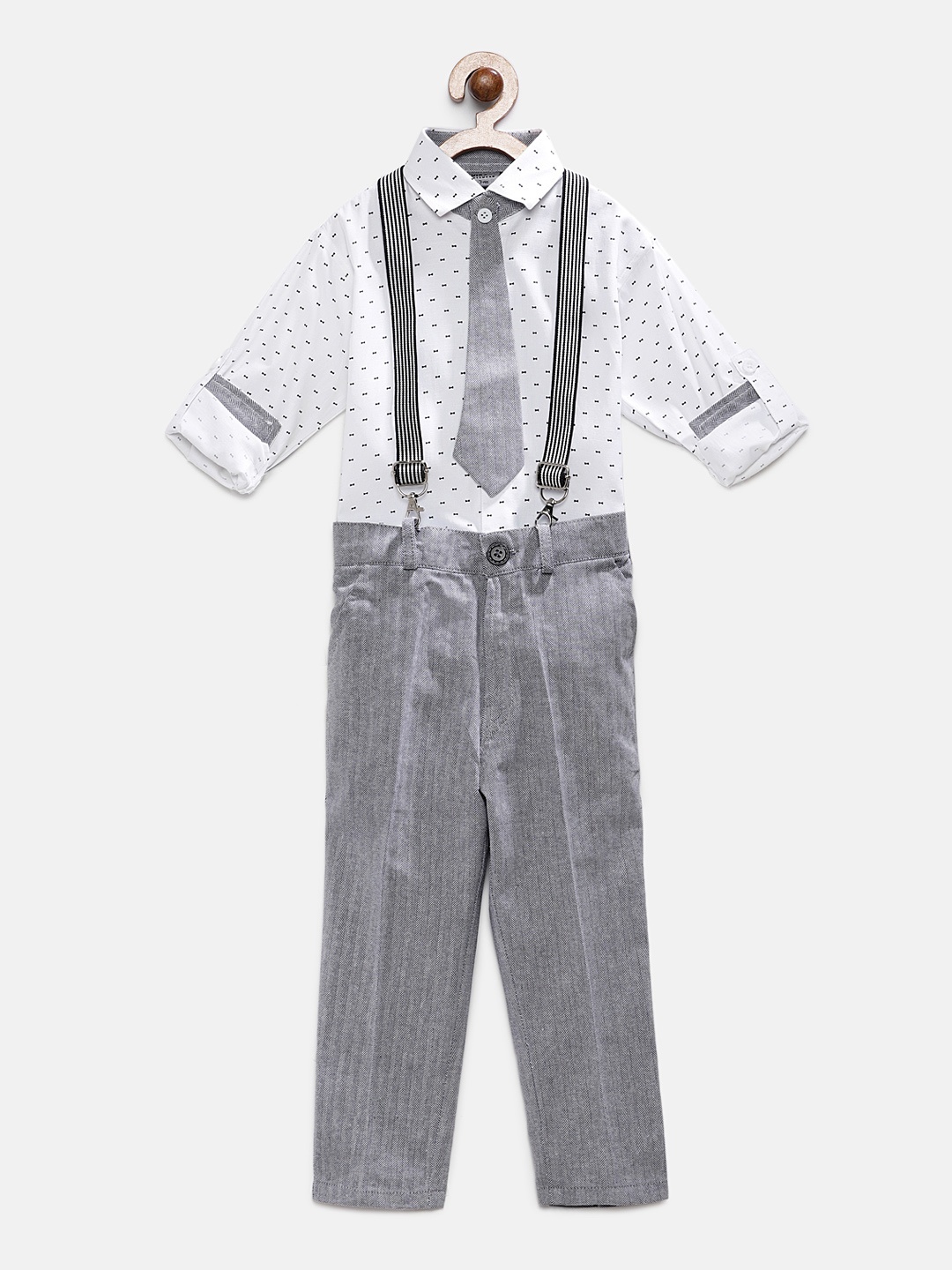 

RIKIDOOS Boys White & Grey Pure Cotton Printed Shirt & Trousers with Tie & Suspenders
