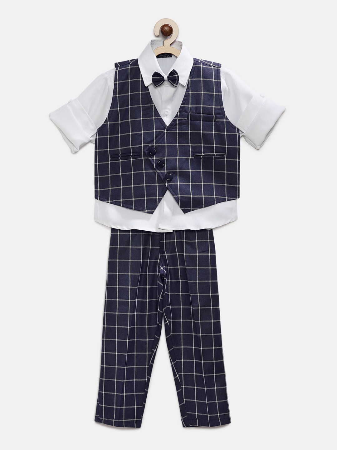 

RIKIDOOS Boys White & Blue Solid Shirt & Trousers With Waistcoat & Bow Tie
