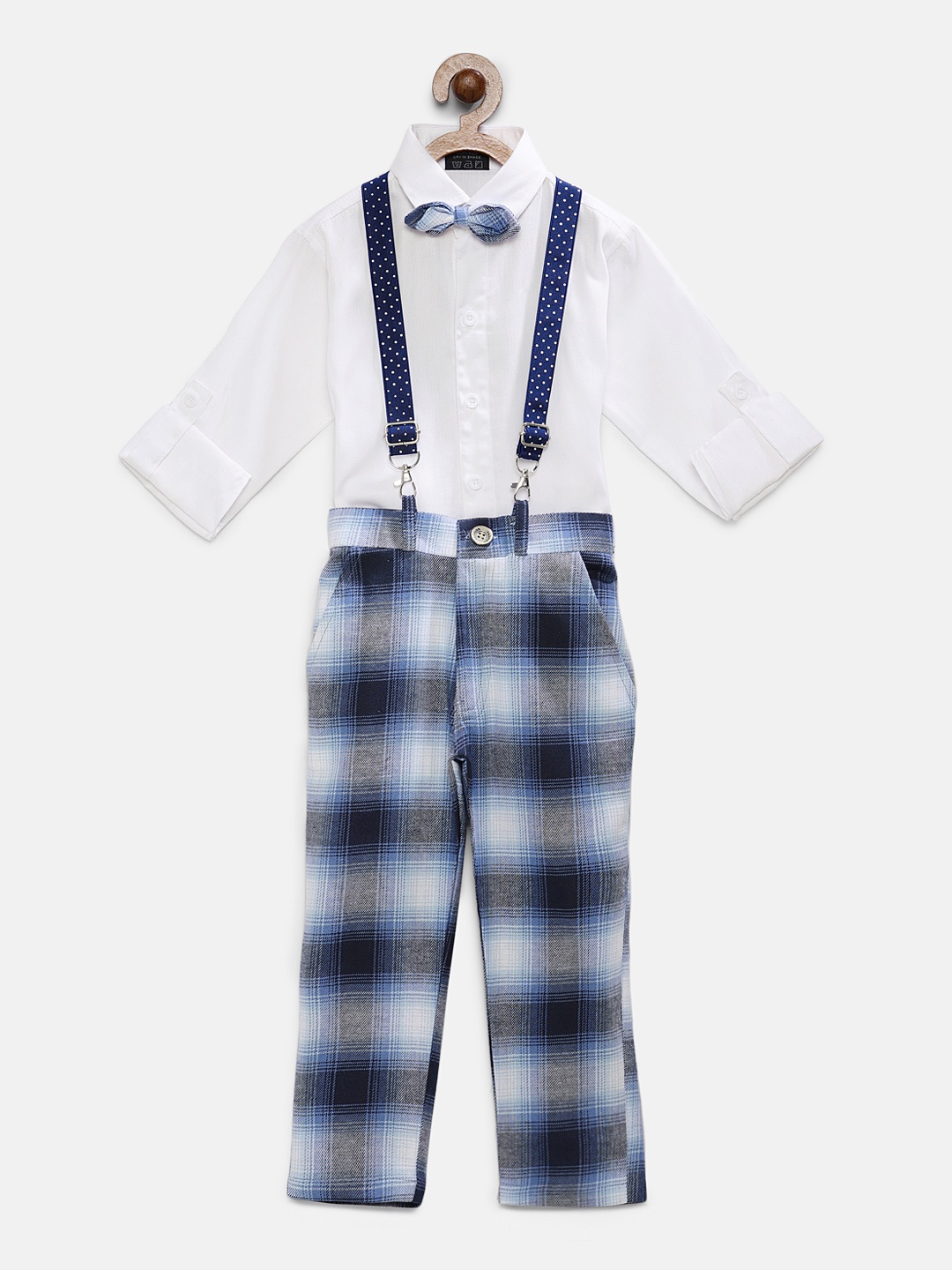 

RIKIDOOS Boys White & Blue Cotton Solid Shirt & Trousers with Tie & Suspenders