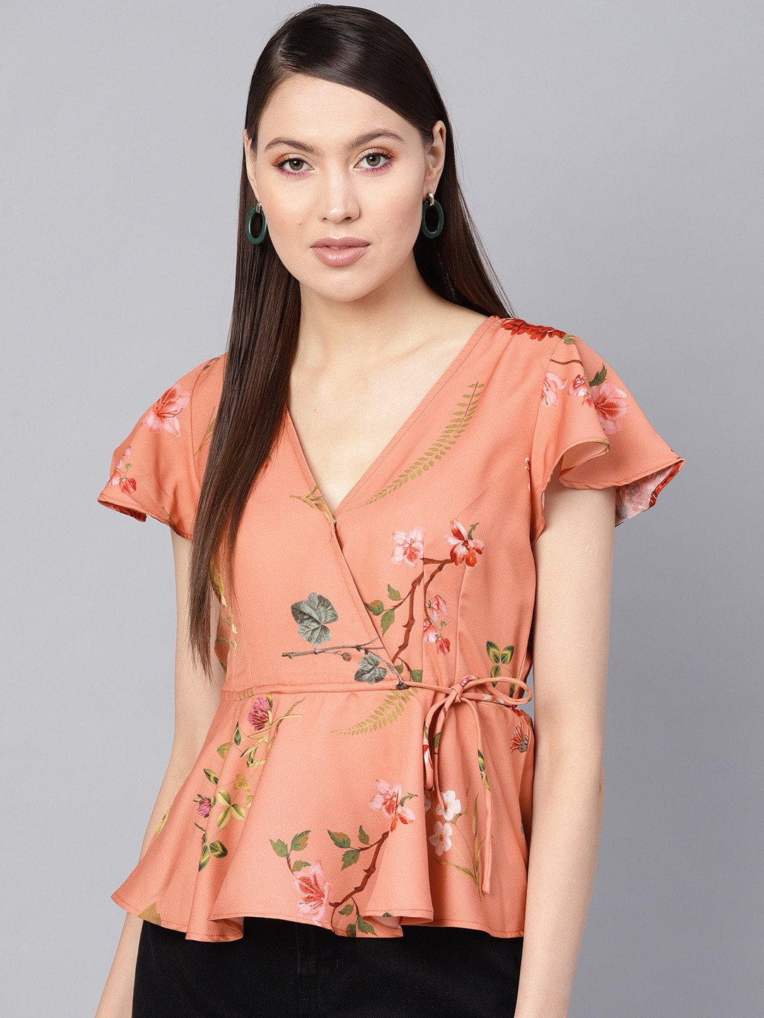 

SASSAFRAS Women Peach-Coloured Floral Printed Wrap Top