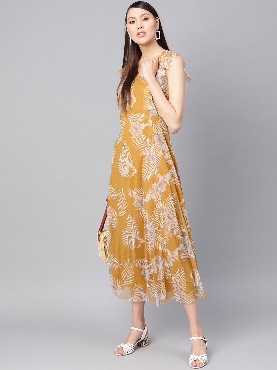 

SASSAFRAS Women Mustard Yellow & Beige Printed Maxi Dress
