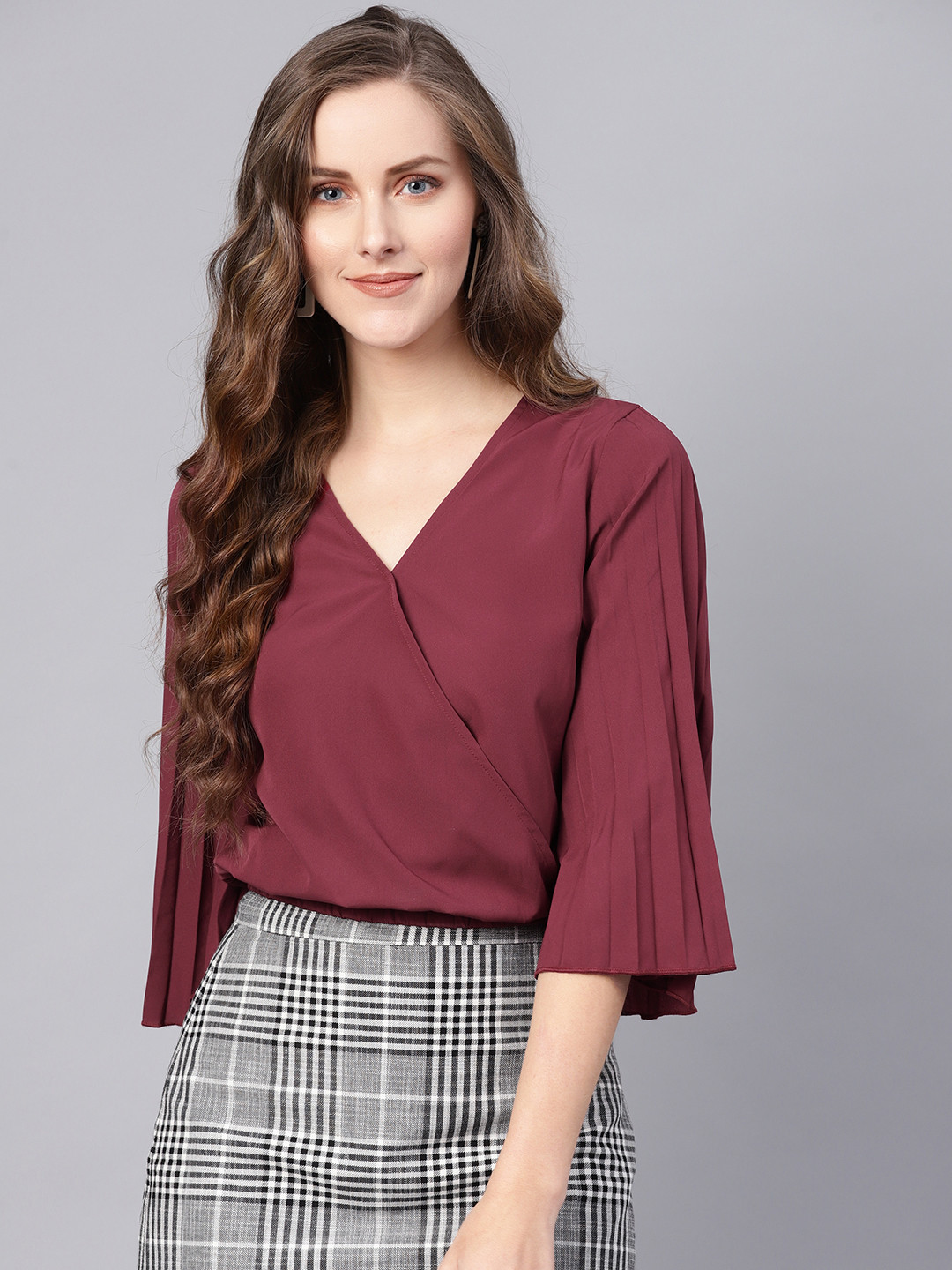 

SASSAFRAS Women Maroon Solid Crop Wrap Blouson Top
