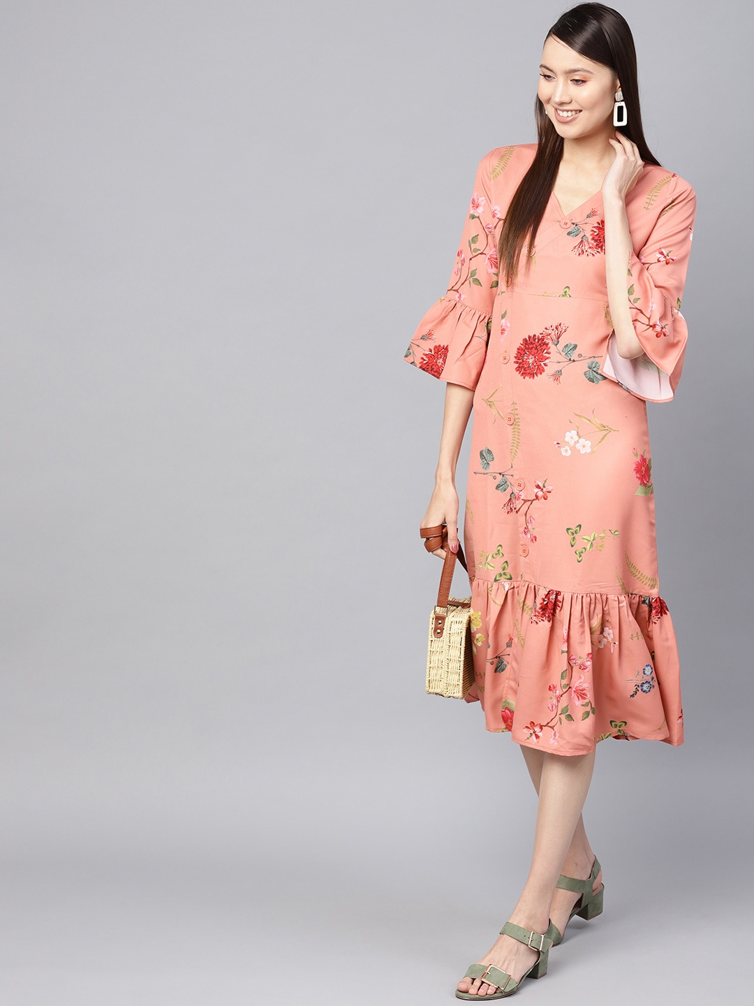 

SASSAFRAS Women Peach-Coloured & Green Printed Wrap Dress