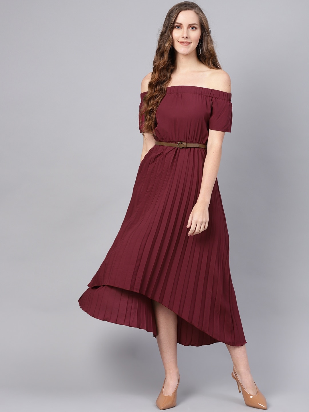 

SASSAFRAS Maroon Accordion Pleats A-Line Dress