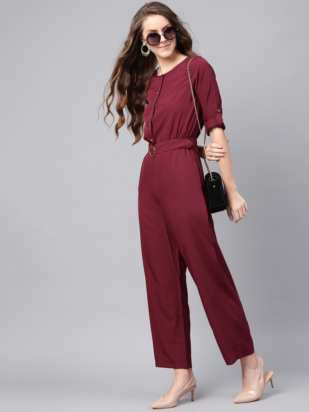 

SASSAFRAS Women Maroon Solid Basic Jumpsuit