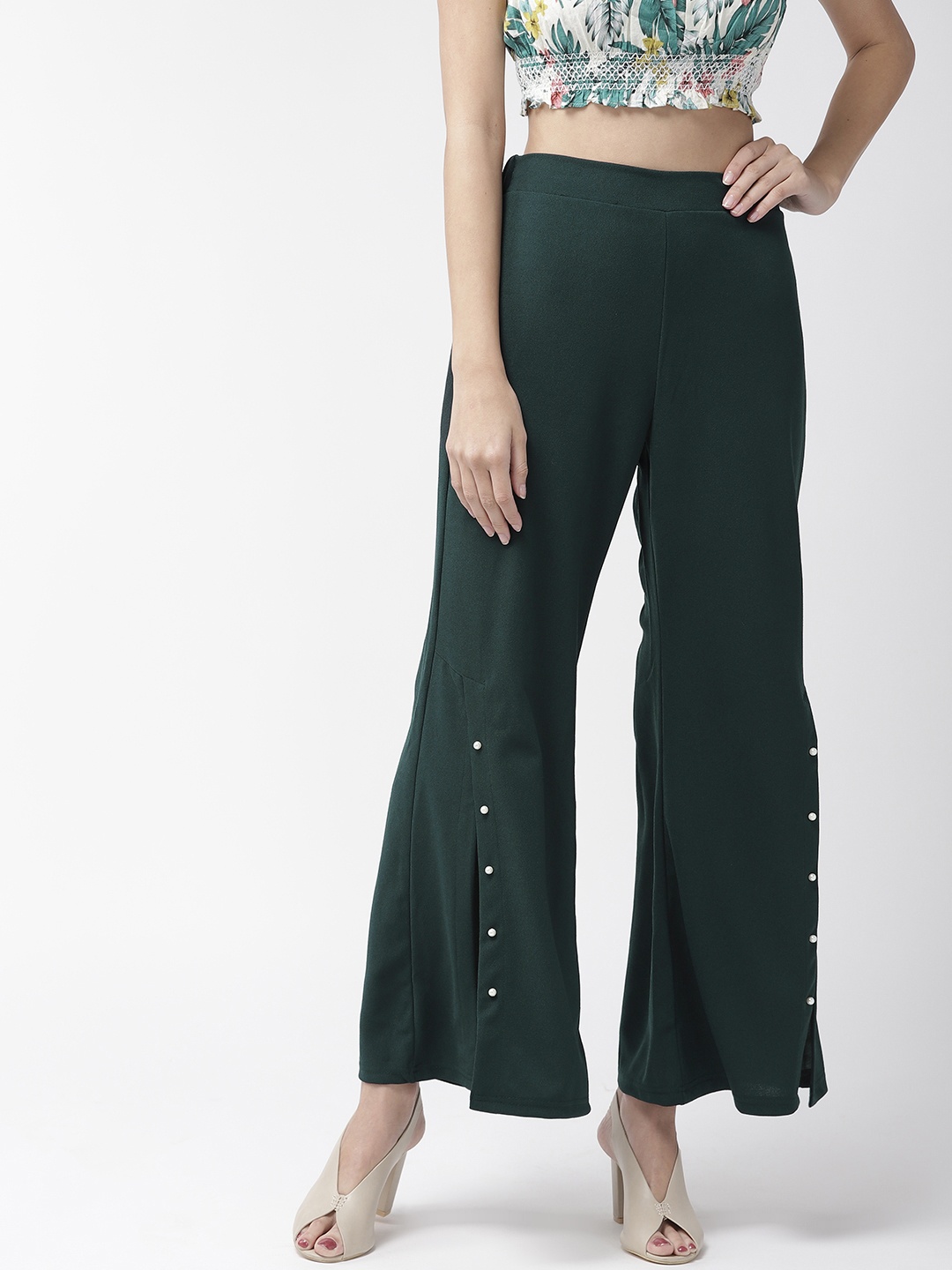 

plusS Women Green Embelished Detail Solid Flared Palazzos