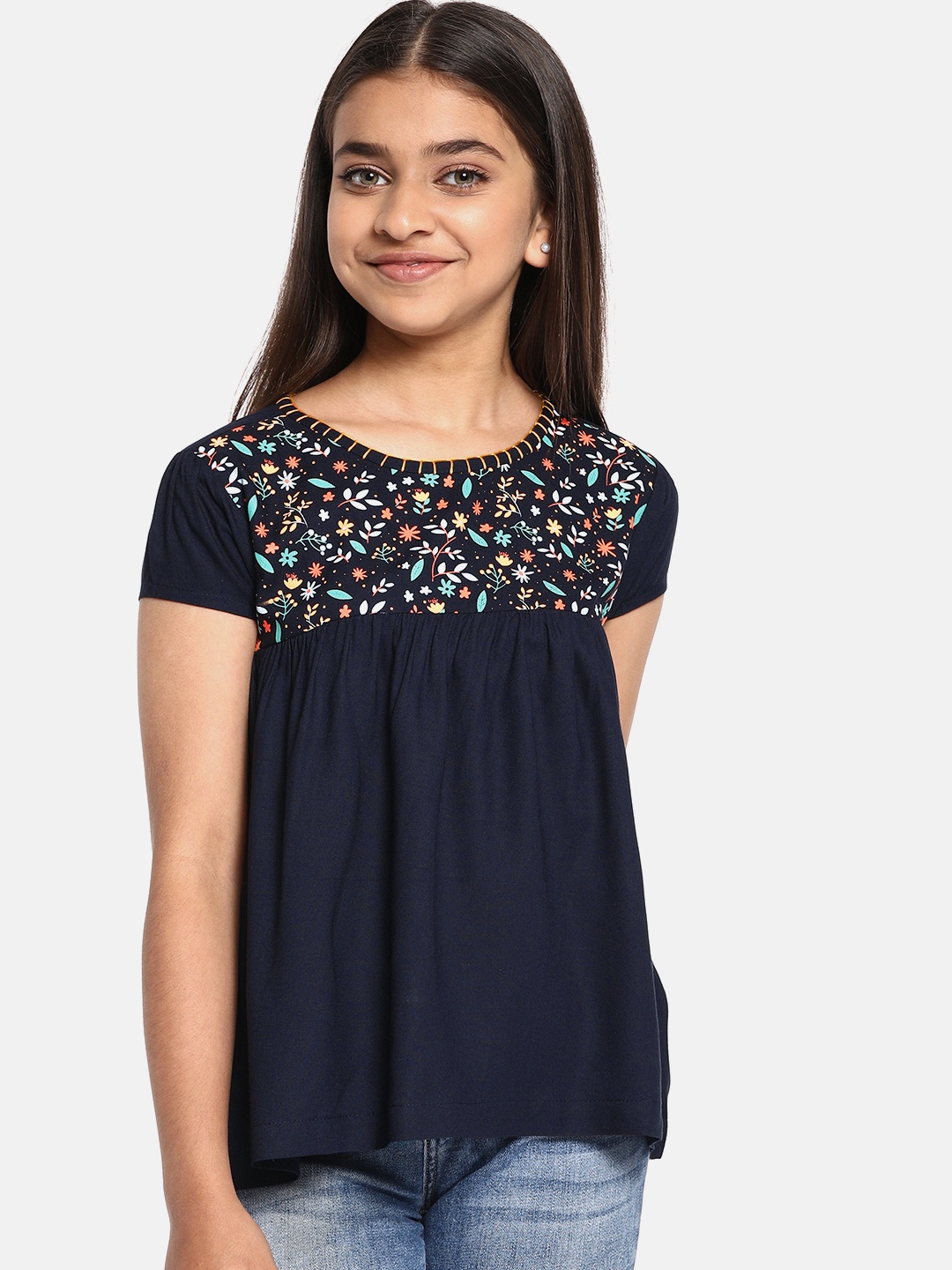 

YK Girls Navy Blue Printed Empire Top with Gatherers