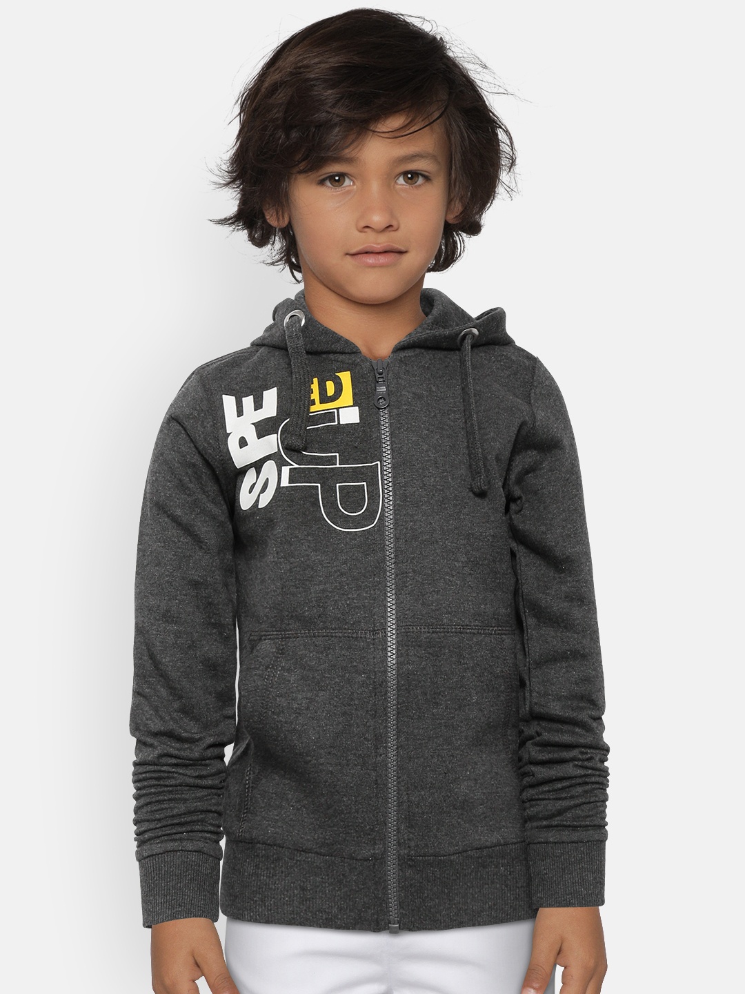 

Flying Machine Boys Charcoal Grey Solid Hooded Sweatshirt