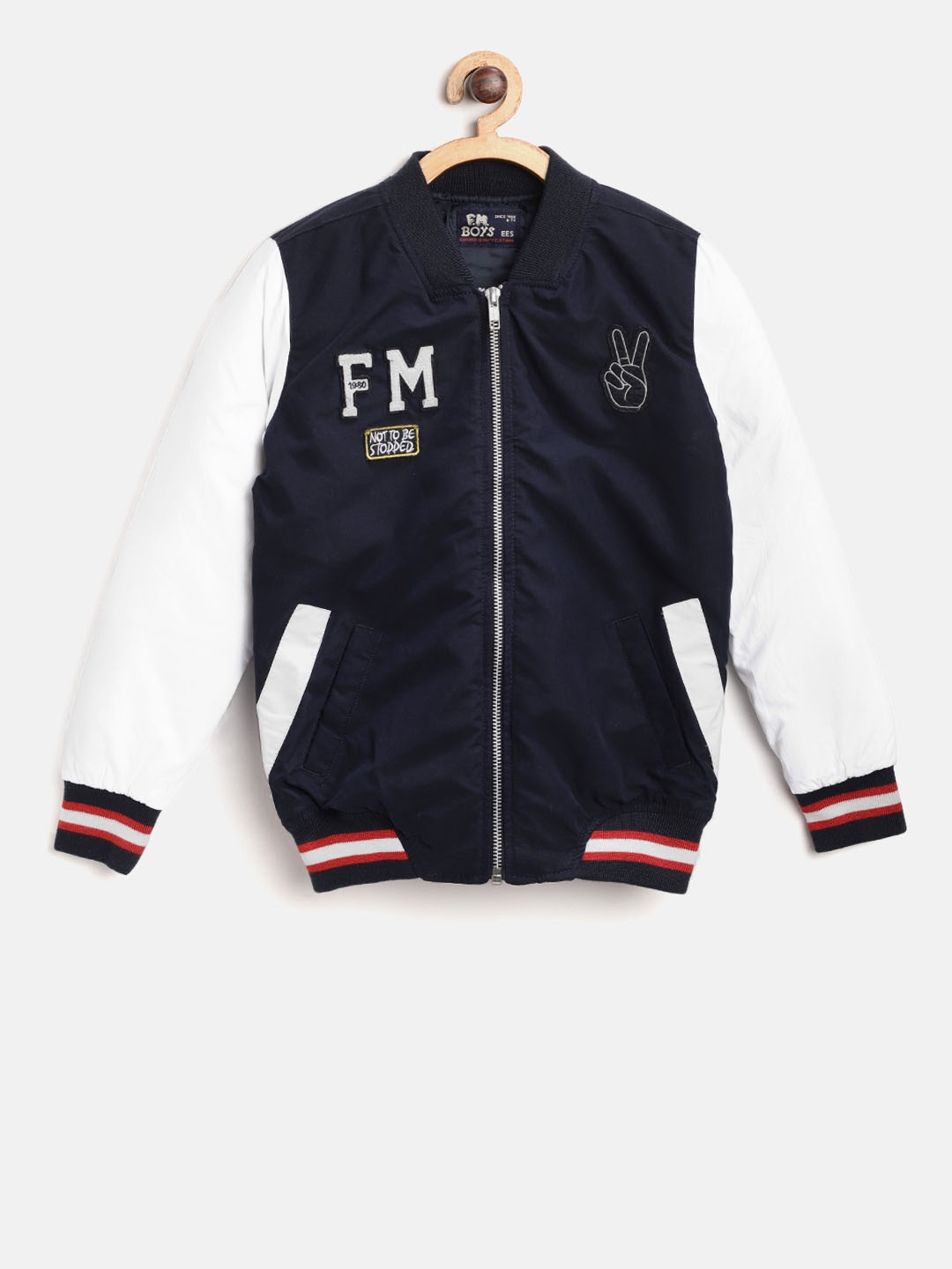 

Flying Machine Boys Navy & White Solid Bomber Jacket, Navy blue