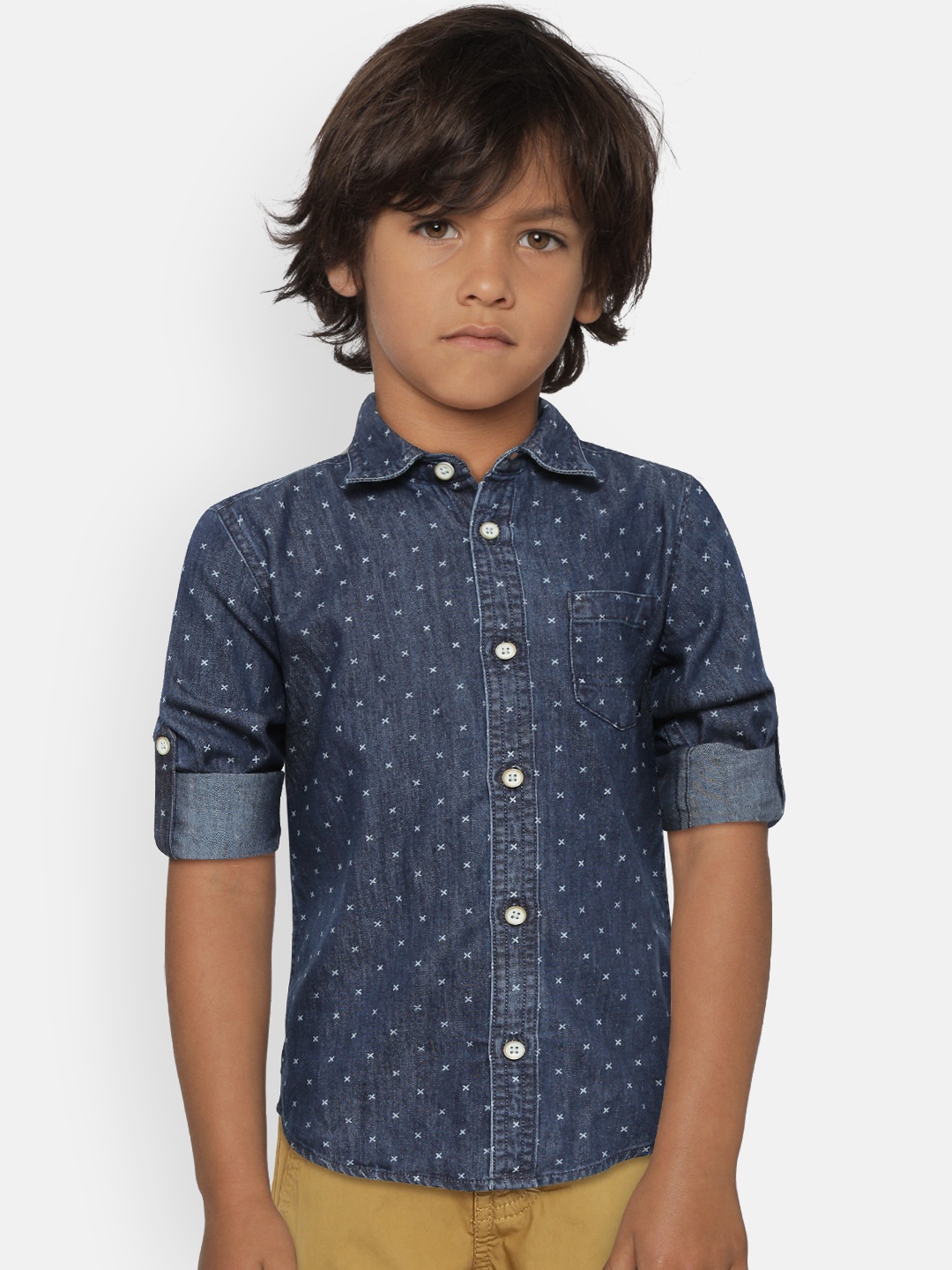 

Flying Machine Boys Navy Blue Regular Fit Printed Chambray Casual Shirt