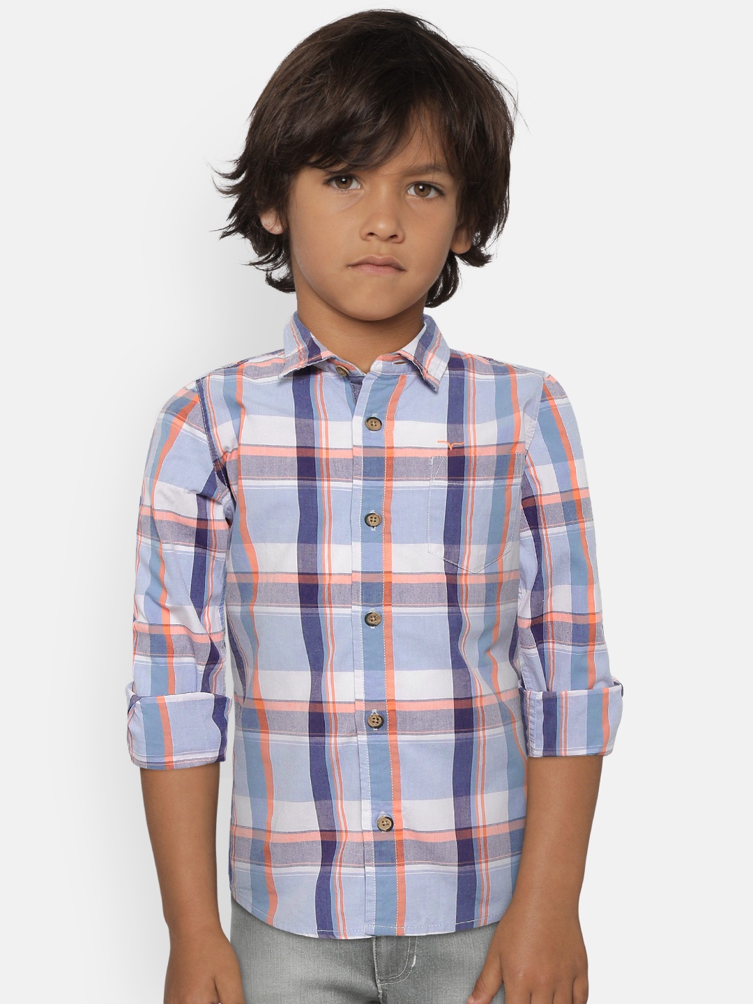 Flying Machine Boys Blue & Coral Orange Regular Fit Checked Casual Shirt