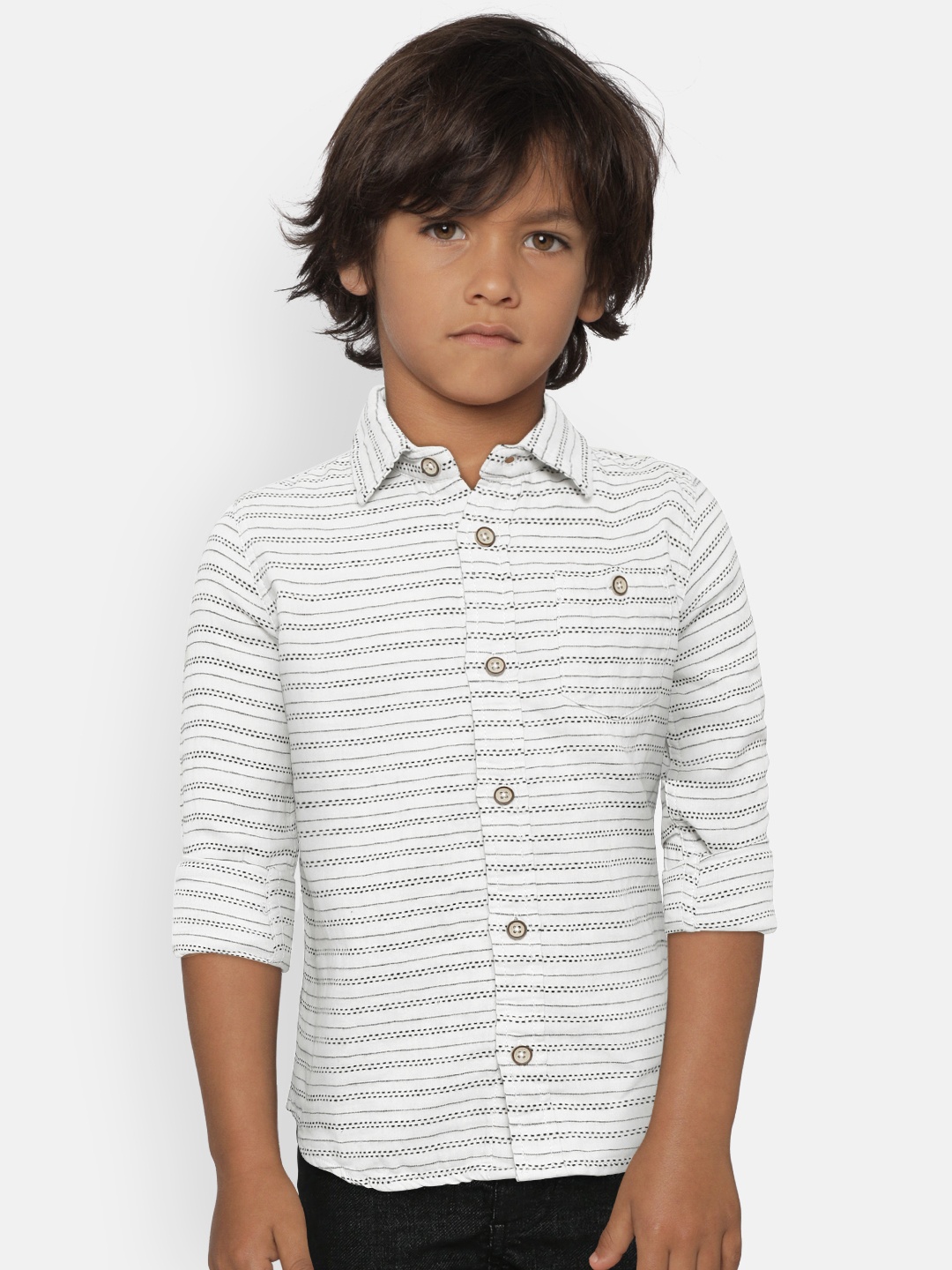 

Flying Machine Boys Off-White & Black Regular Fit Self-Striped Casual Shirt