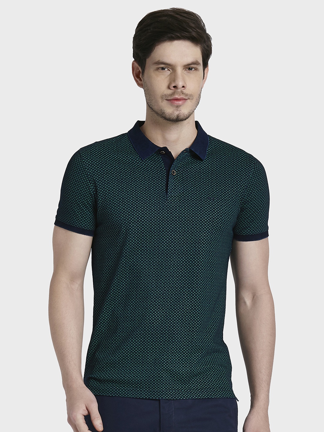 

ColorPlus Men Blue Printed Polo Collar Pure Cotton T-shirt