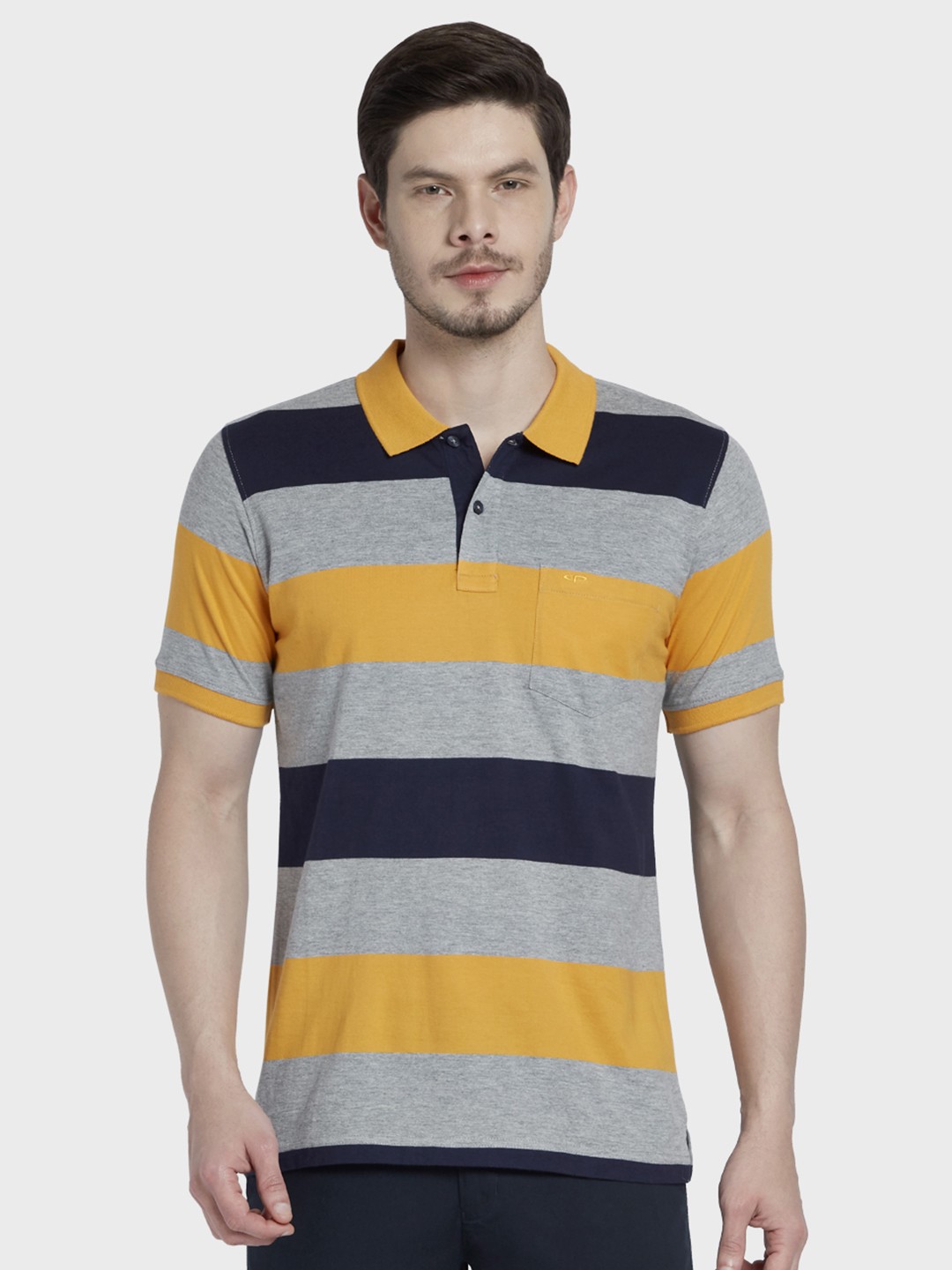 

ColorPlus Men Mustard Yellow & Grey Striped Polo Collar T-shirt