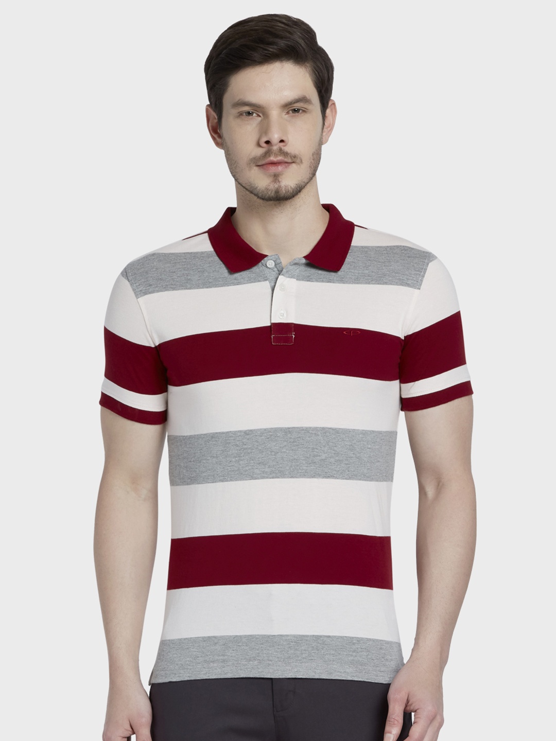 ColorPlus Men White & Maroon Striped Polo Collar T-shirt