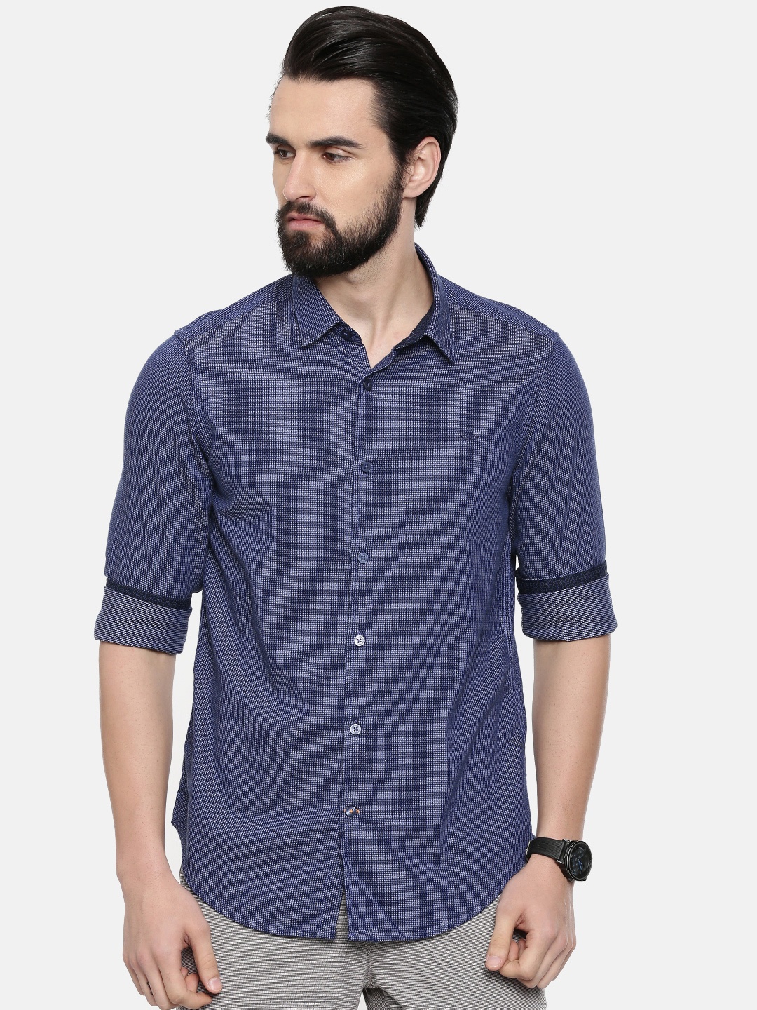 

ColorPlus Men Navy Blue & White Slim Fit Self Design Casual Shirt