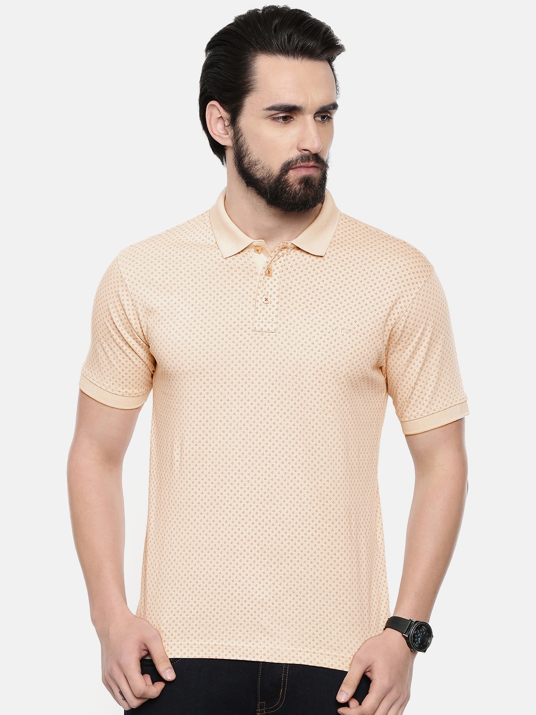 

ColorPlus Men Beige Orange Printed Slim Fit Polo Collar Pure Cotton T-shirt
