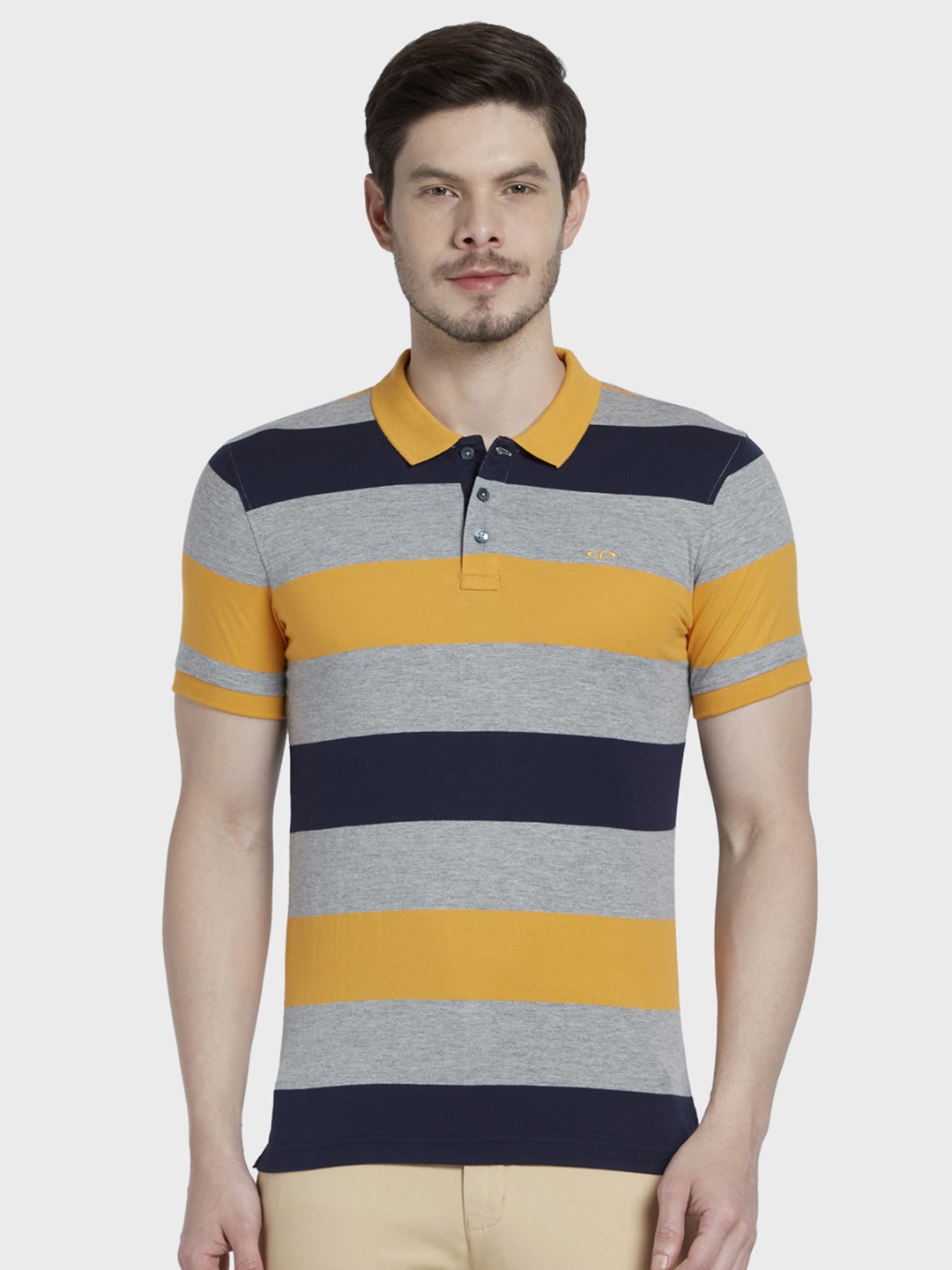 

ColorPlus Men Mustard Yellow & Grey Striped Polo Collar T-shirt