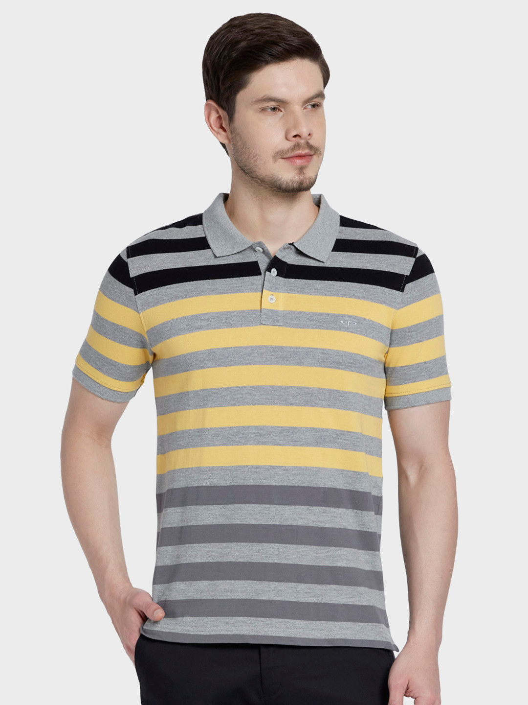 

ColorPlus Men Grey & Yellow Striped Polo Collar T-shirt