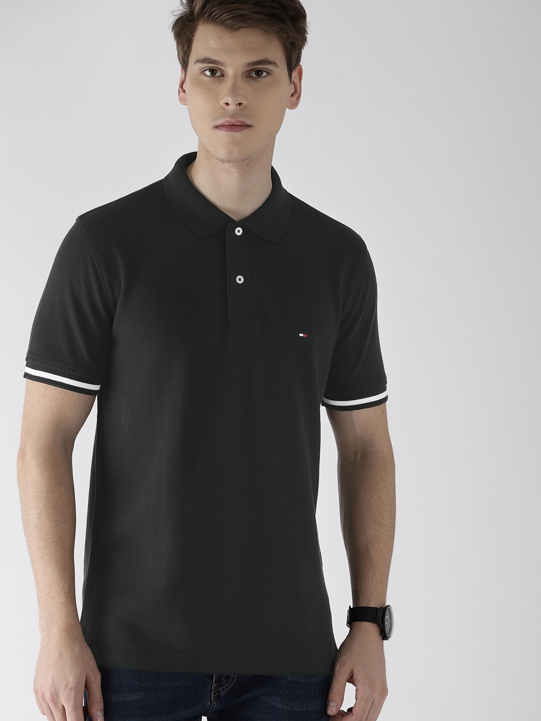 

Tommy Hilfiger Men Black Solid Polo Collar Pure Cotton T-shirt
