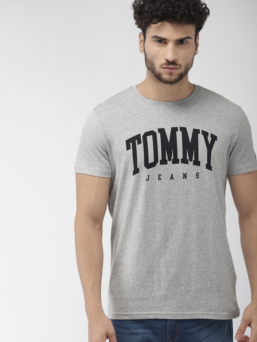 

Tommy Hilfiger Men Grey Navy Blue Printed Round Neck Pure Cotton T-shirt